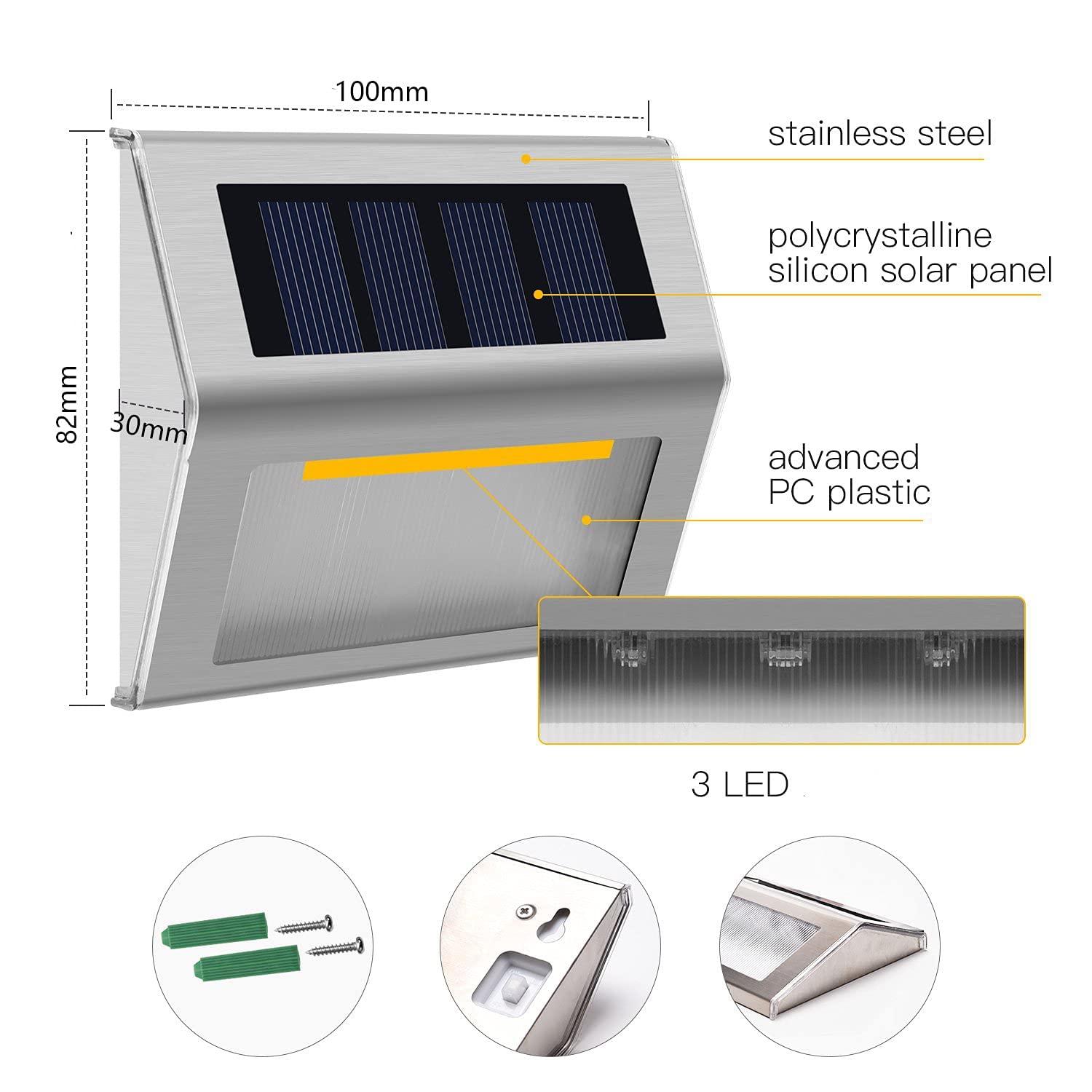 6 sztuk wodoodpornych lamp solarnych do ogrodu na zewnątrz, ze stali nierdzewnej, wodoodporna lampa solarna do dekoracji schodów, ogrodzenia, balkonu, tarasu, balustrad, stopni, basenu