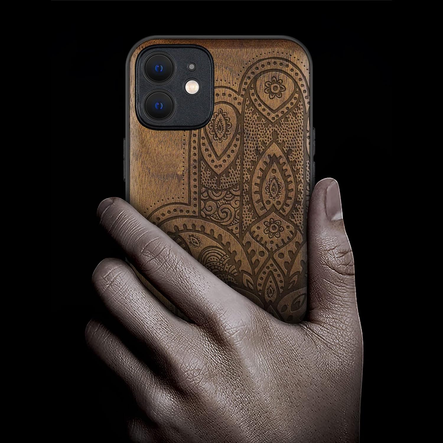 Carveit Magnetic Wood Case for iPhone 12 Case [Natural Wood & Black Soft TPU] Shockproof Protective Unique & Classy Wooden Cover Compatible with MagSafe (Hamsa Hand -Walnut)