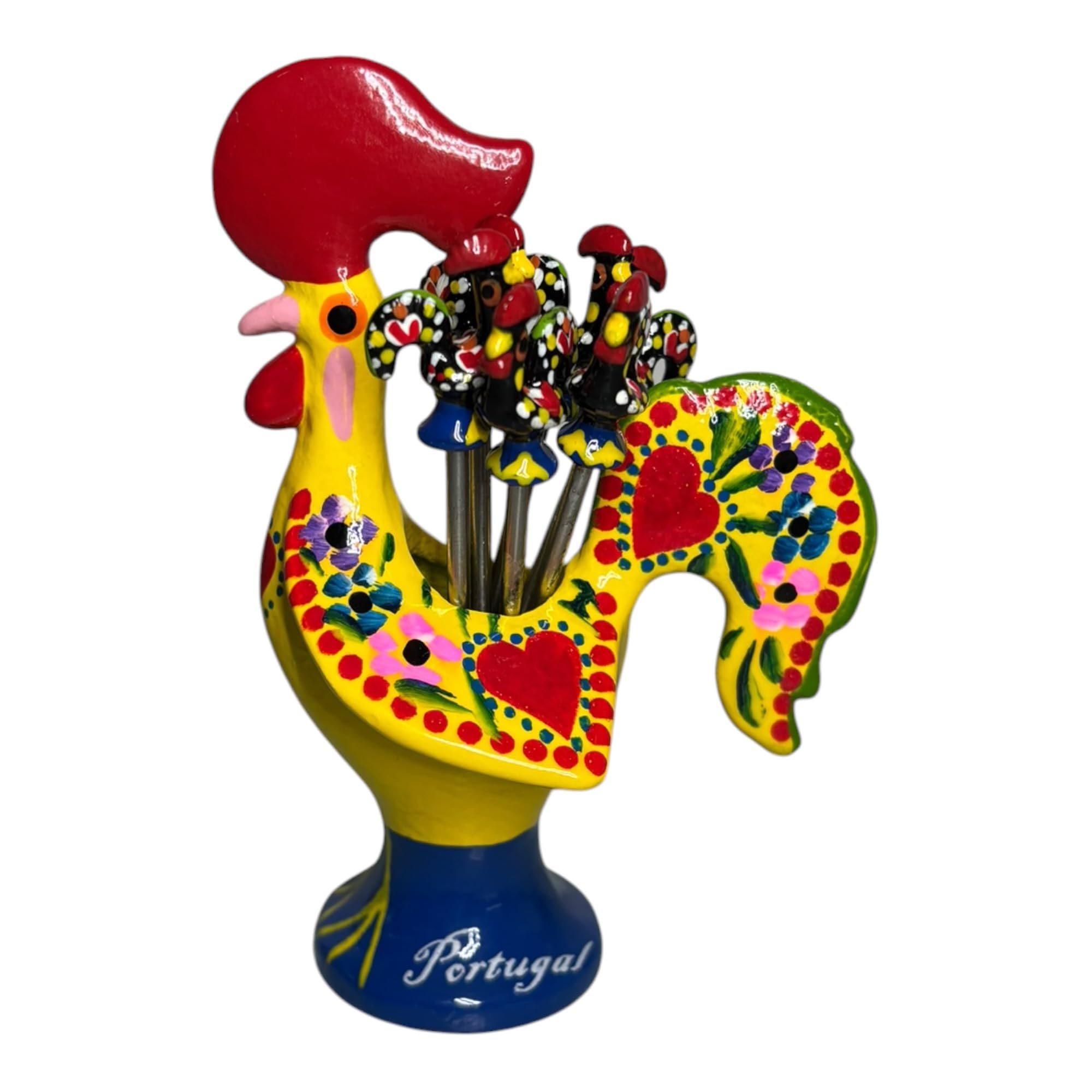 Gallo de Barcelos portugués pintado a mano con 6 palitos de tapas y amuleto de suerte de 11 cm