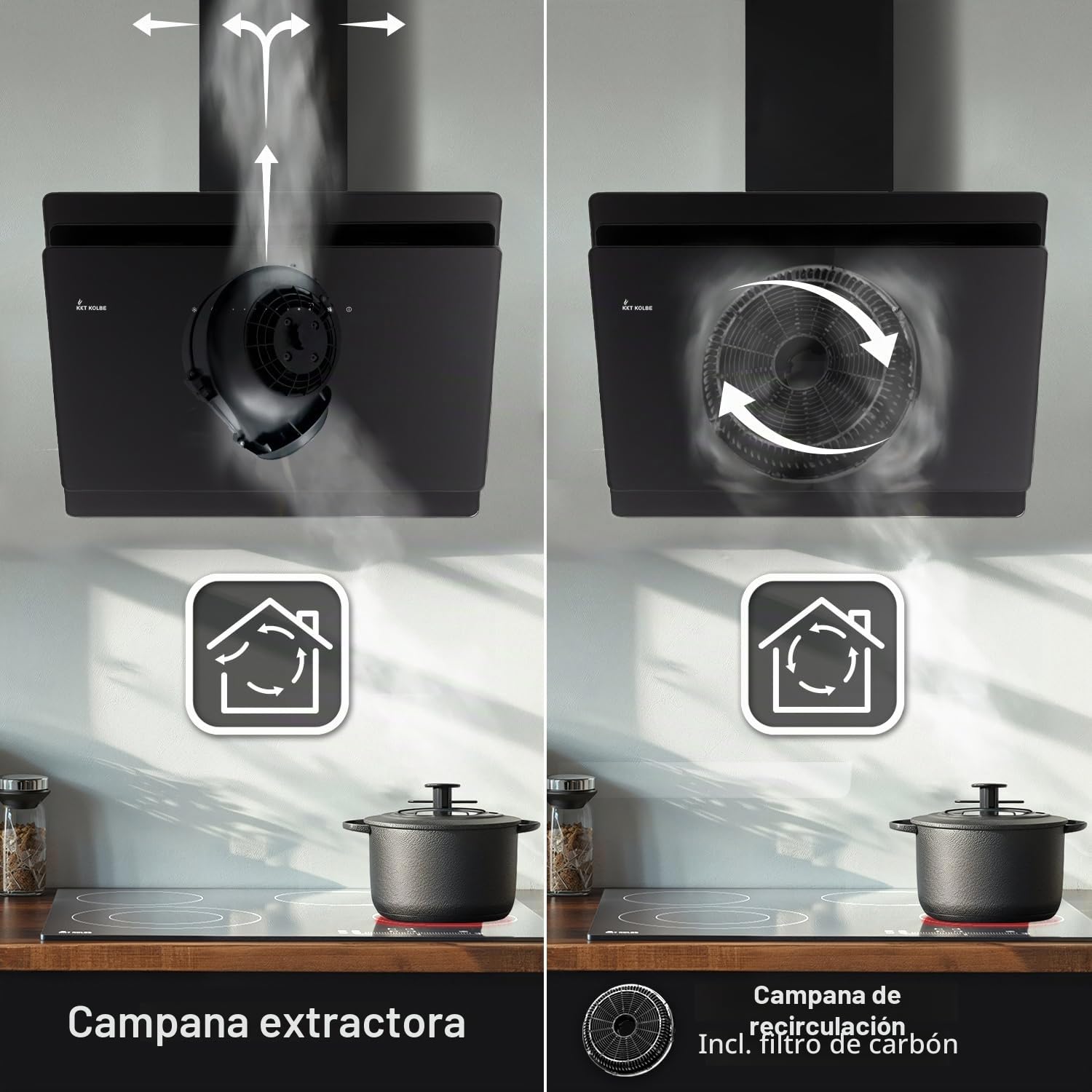 KKT KOLBE A+++ campana extractora, 90 cm, 782 m³/h, aire de circulación, aire de escape, sin cabeza, campana de pared, cubierta inclinada, negro, vidrio, retroceso automático, SensorTouch, luces LED