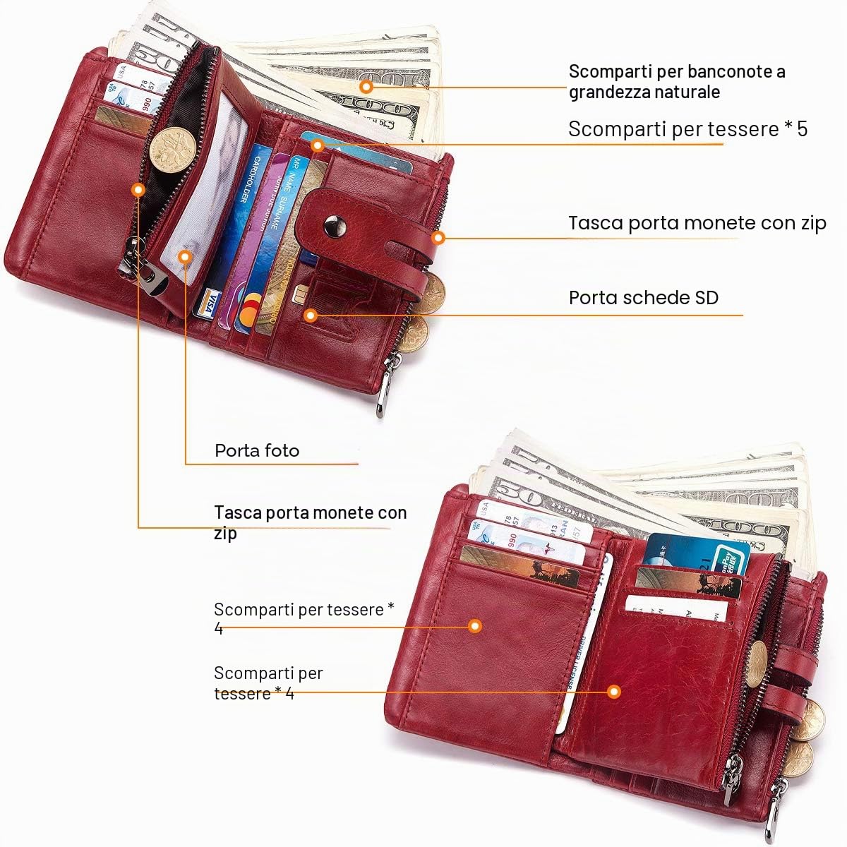 REETEE Portafoglio Donna Portamonete Pelle Donna RFID Bloccaggio Portafogli Donna Pelle Piccolo con Catena,Multi-Slot Portamonete Porta Carta di Credito Pelle Cerniera Portafogli