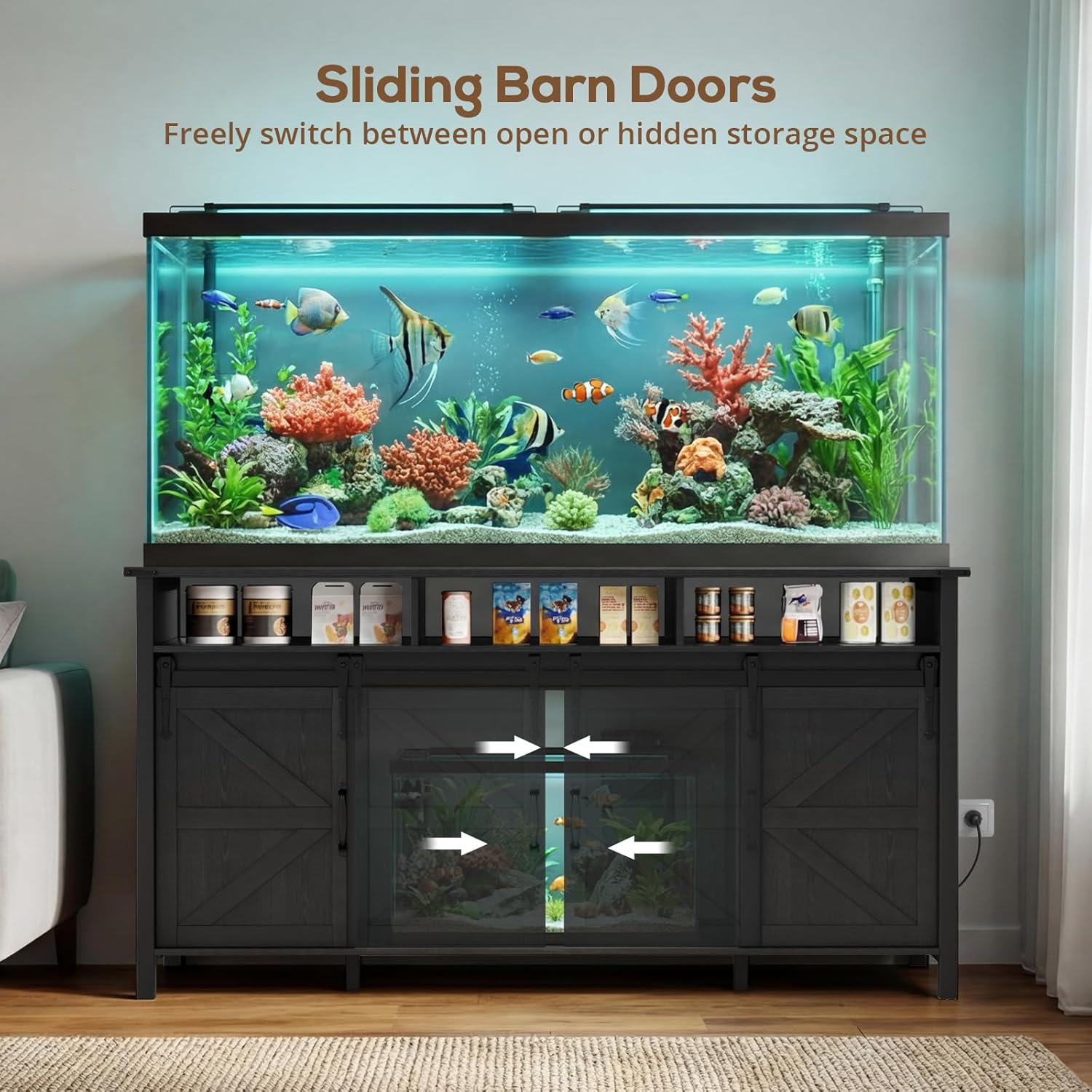 VOWNER 75-120 Gallon Fish Tank Stand with Power Outlet, Farmhouse Aquarium Stand with Storage Cabinet & Sliding Barn Doors, Heavy Duty Reptile Tank Stand, for 2 Tanks, 1000LBS Capacity, Black
