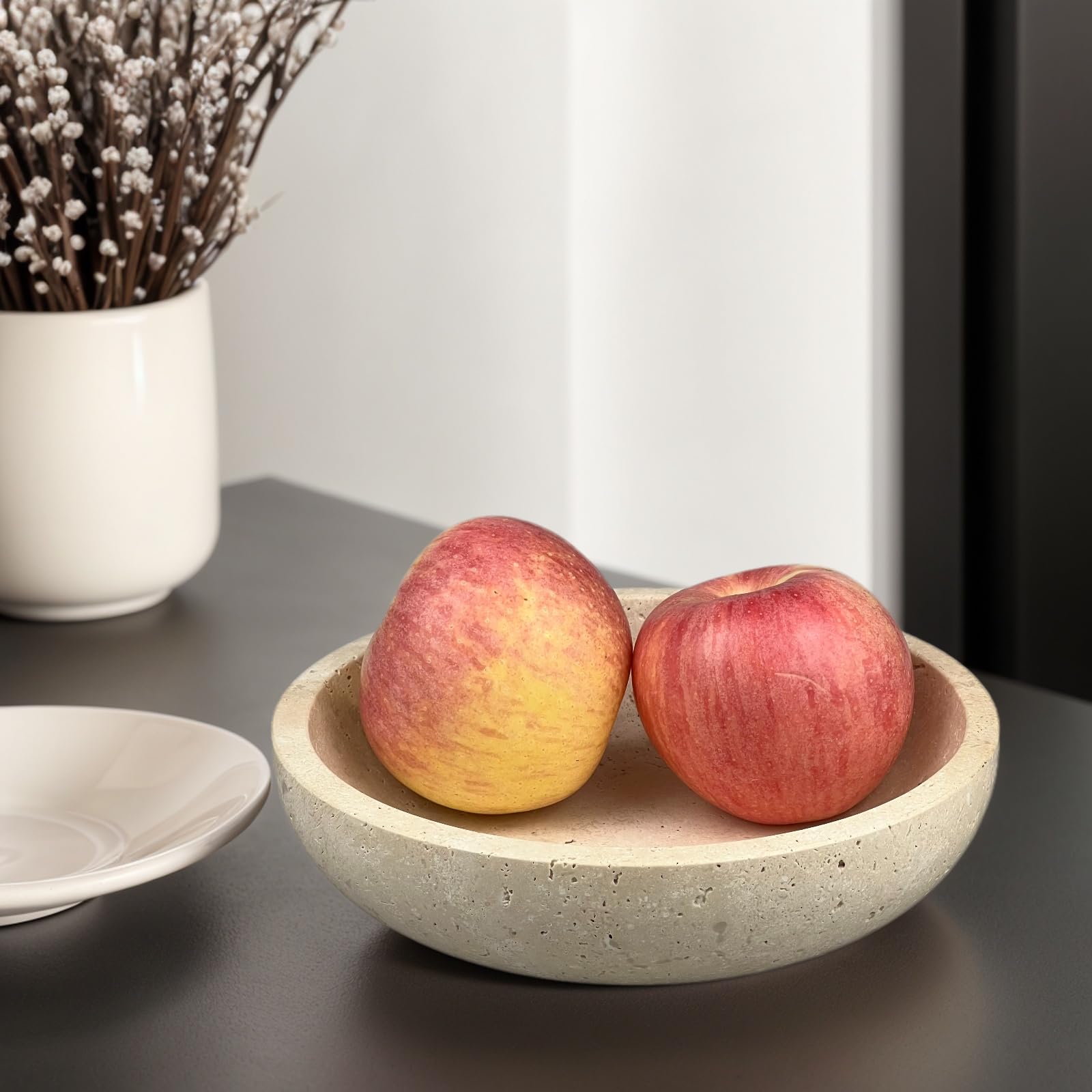 Travertine Decorative Bowl – Natural Stone Fruit Bowl, Key Dish, Candy Bowl, Centerpiece (Beige)