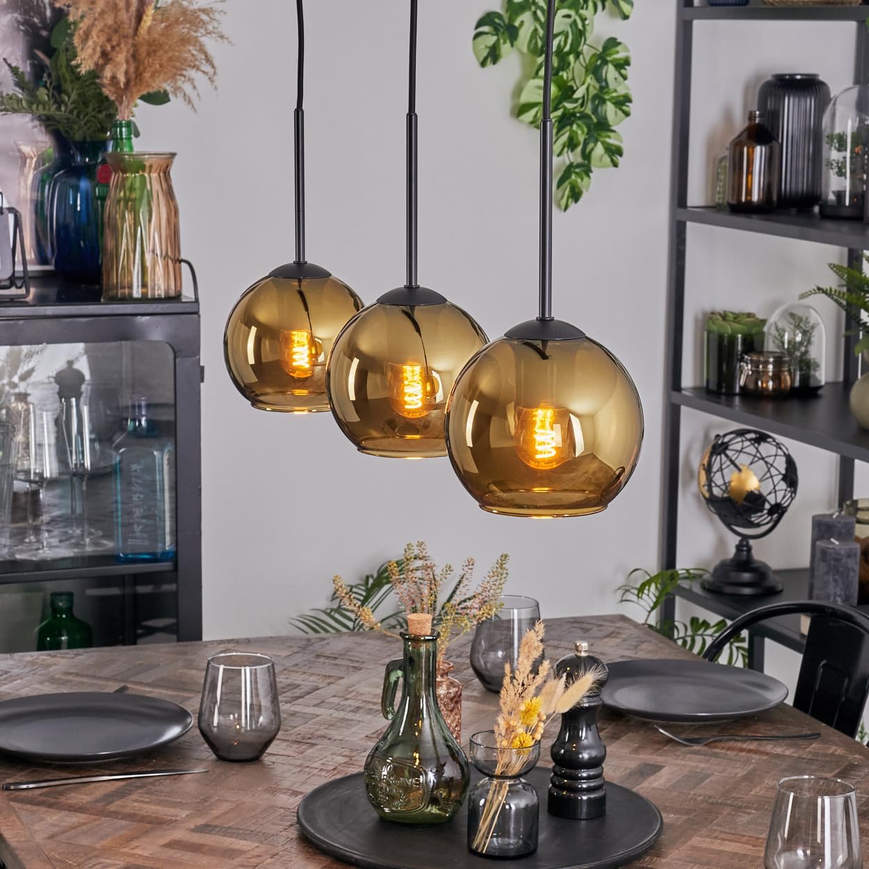 HOFSTEIN Koyoto 3-Bulb Pendant Light Metal Glass Black Gold Modern Pendant Light Retro Vintage Design Shade Diameter 15 cm E27 Dining Room Living Room Kitchen