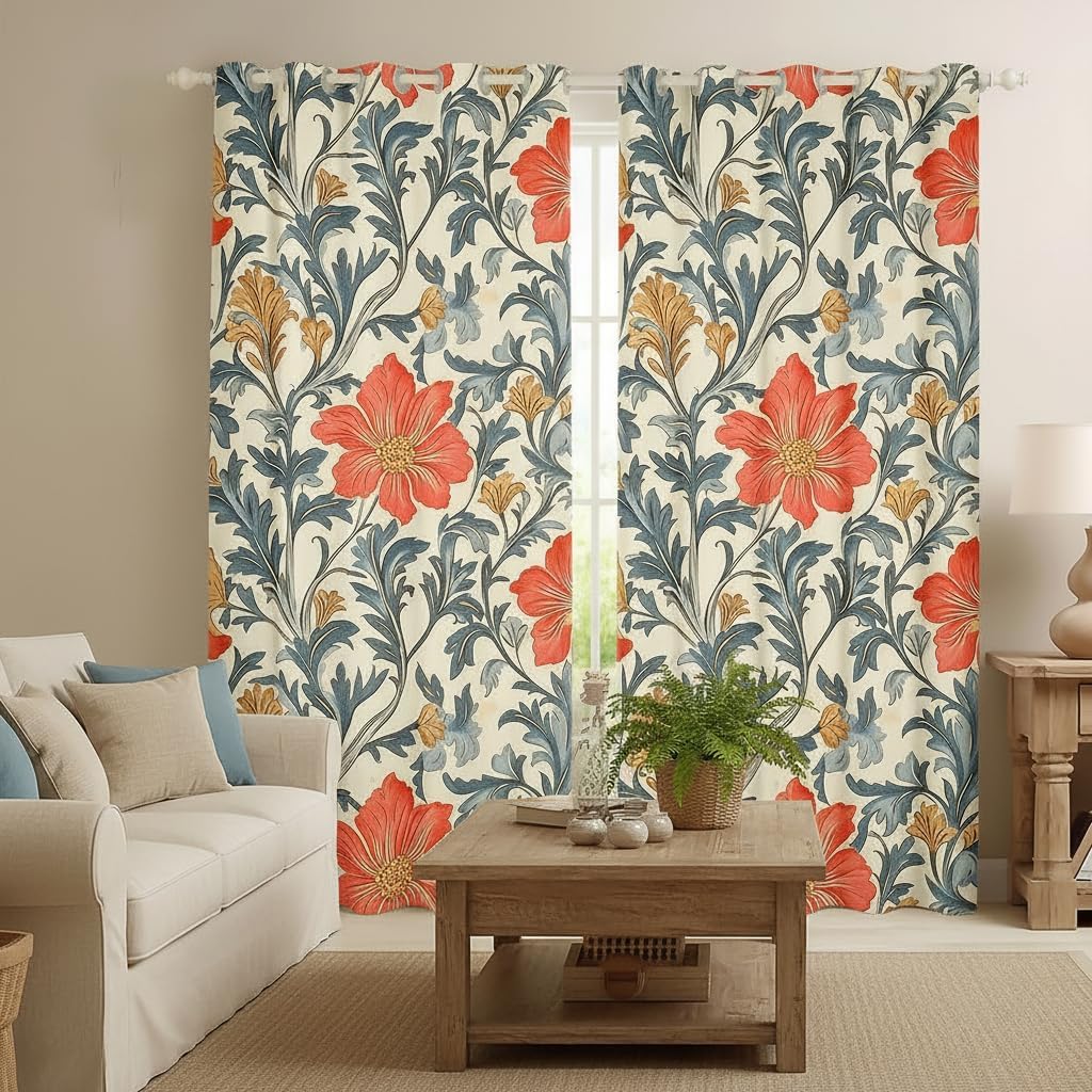 Castle Fairy Vintage Floral Blackout Curtains European Classic Window Drapes Kids Teens Botanical Farmhouse Boho Window Treatments Grommet Top 2 Panel Set Curtains,42Wx63L Inch White Red