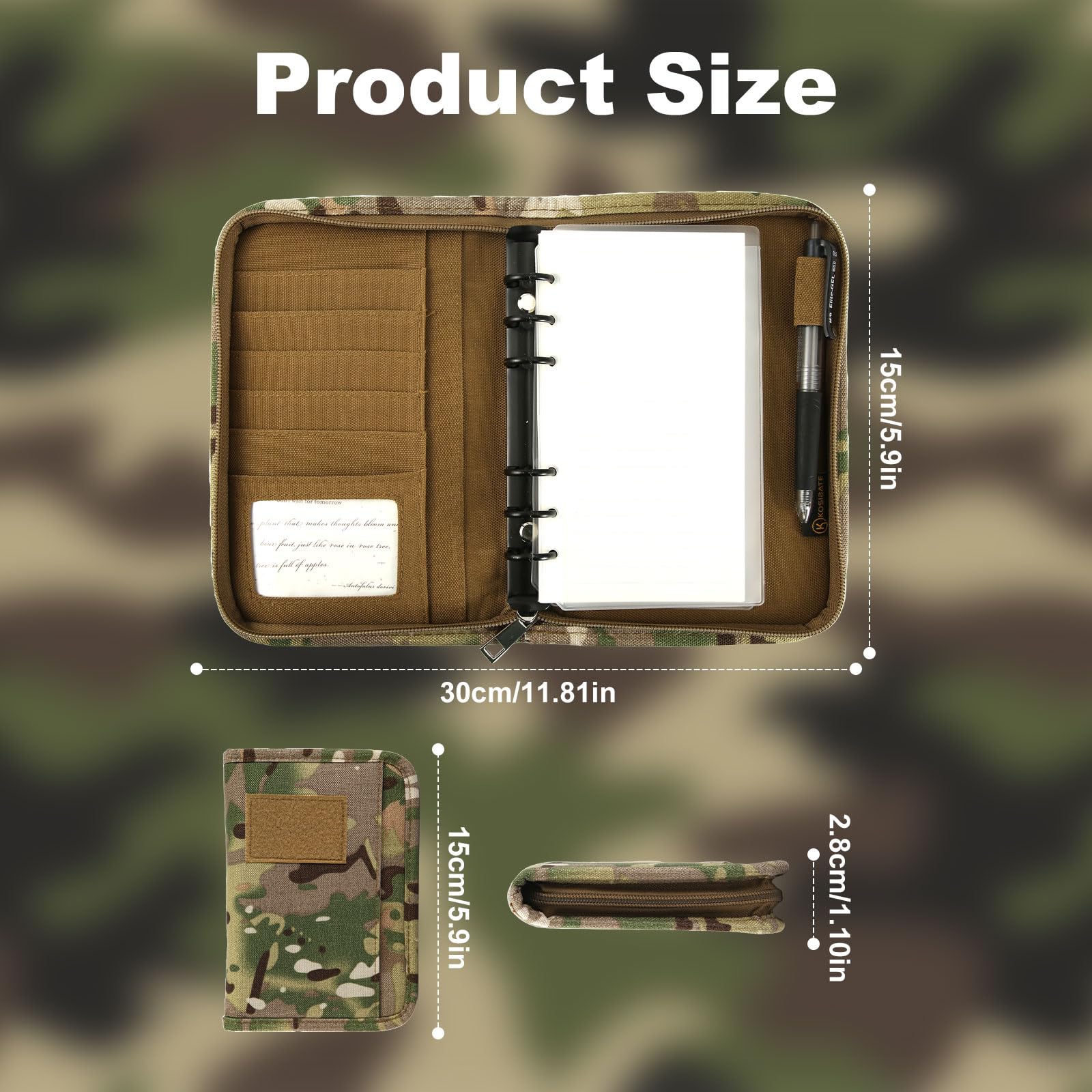 Military Army Camouflage Notebook Portfolio Organizer - Zippered Detachable A6 6 Ring Binder for Men Women Business Cards - Image 2