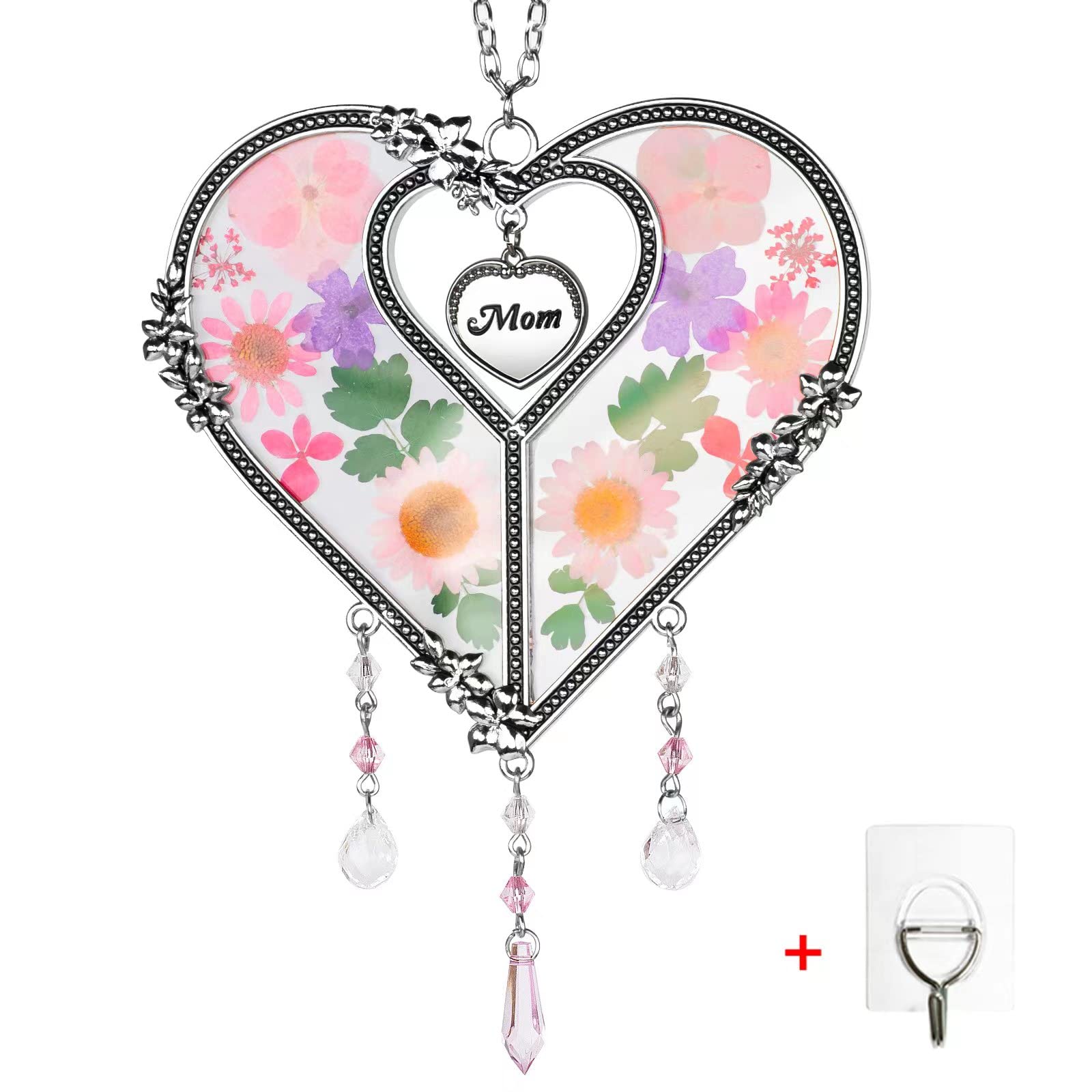 GUOER Heart Suncatcher with Pressed Flower Ornament Stained Glass Wind Chimes with Real Flowers,Birthday for Favorite Person (Mom)