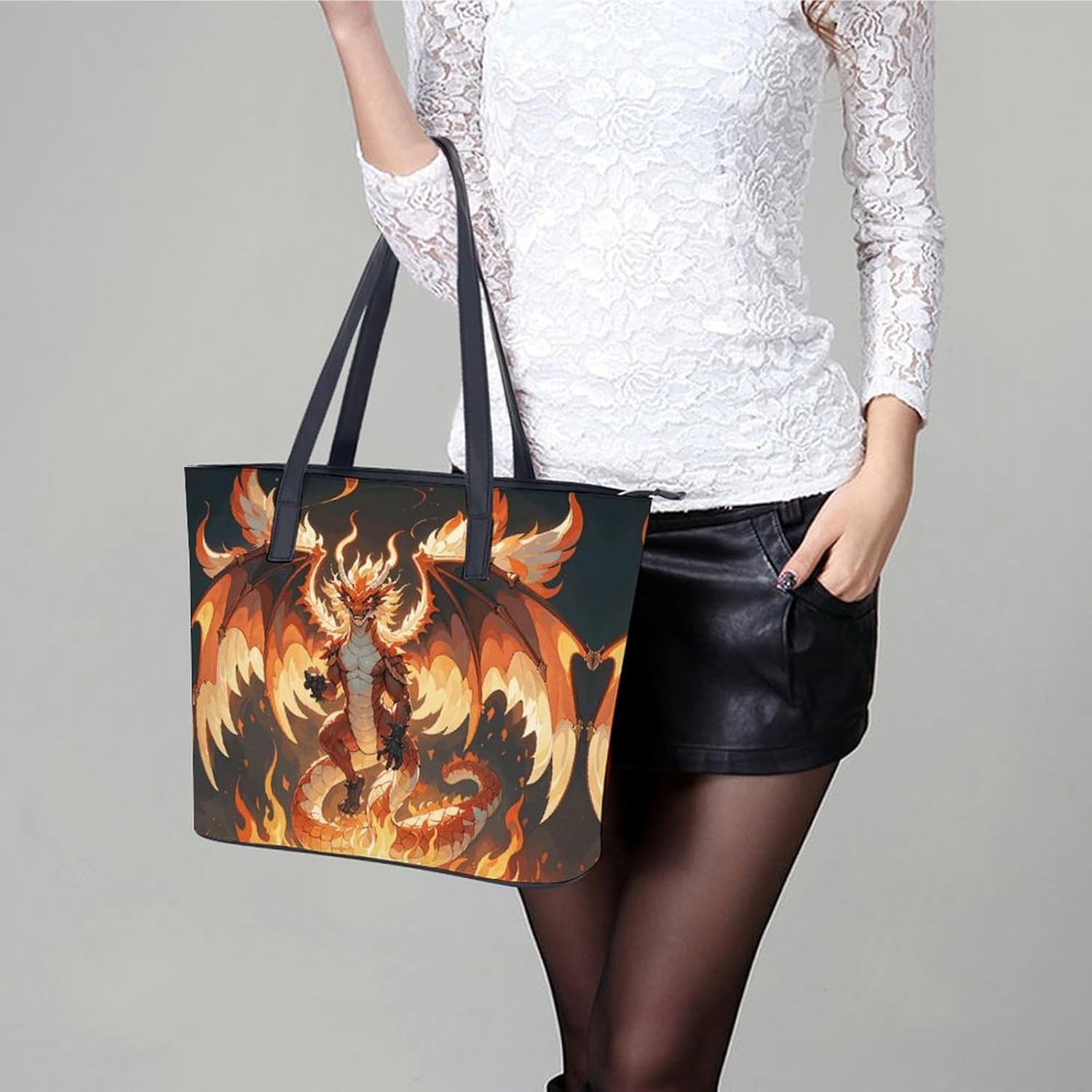 Leather Lady's Handbag Flaming Dragon Print Leather Tote Bags For Women Trendy Ladies Shoulder Bag for Work, Travel, Casual Use