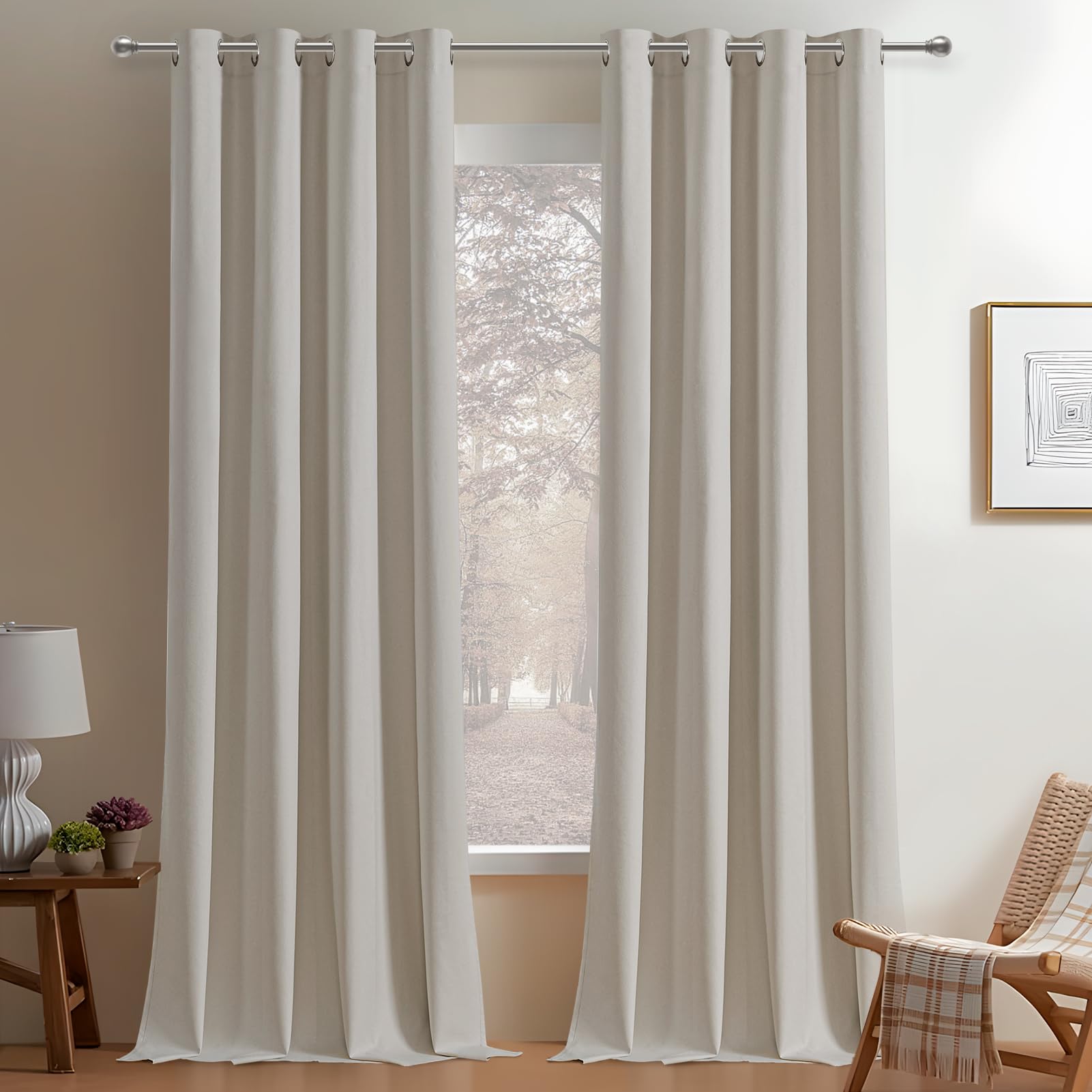 MRTREES 100% Cortinas Opacas de Lino Beige Cortina Termica Aislante Frio y Calor, Cortinas Blackout Acusticas con Ojales para Salon Dormitorio Comedor Habitacion 2 Piezas, 132x245 cm