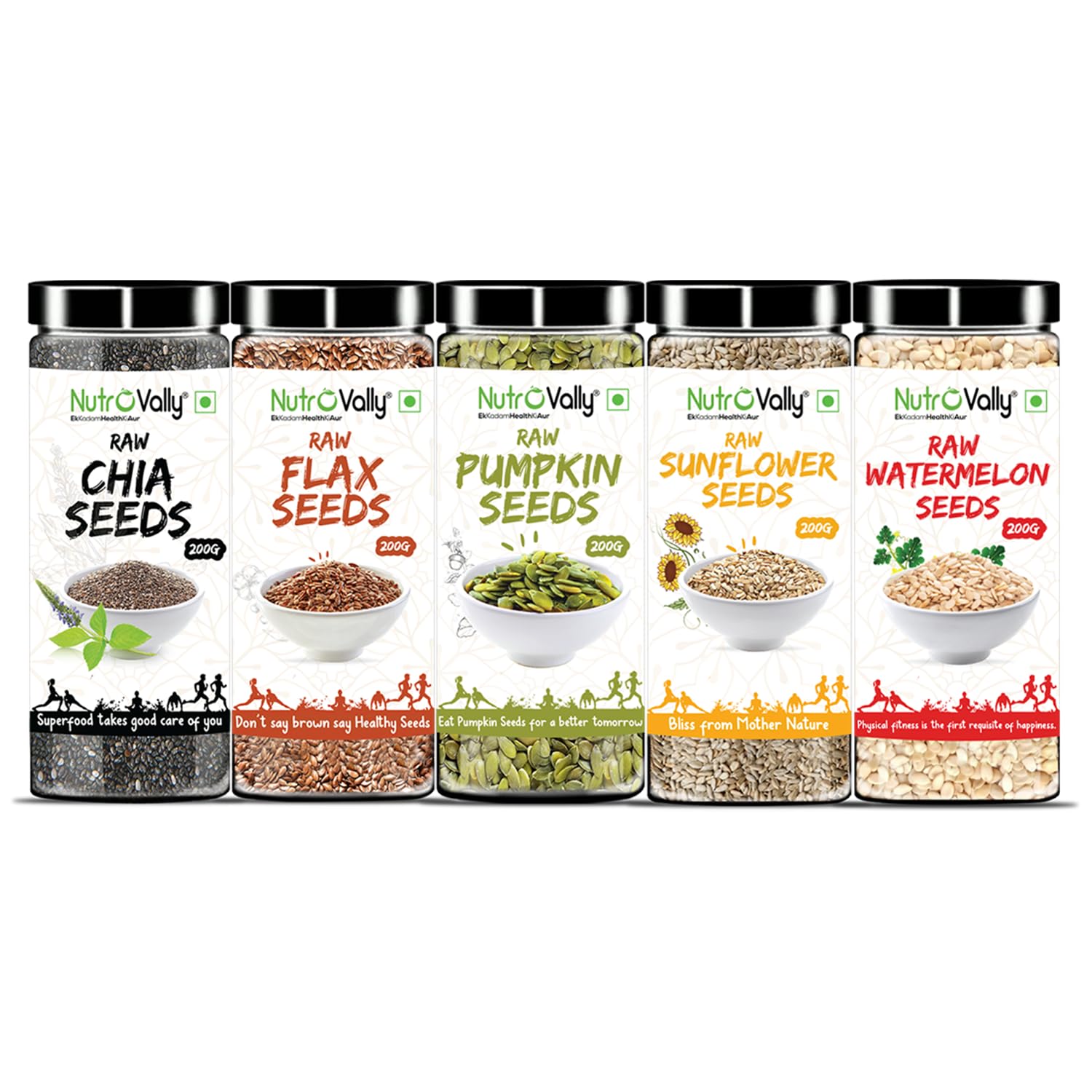 NutroVally Mix Seeds For Weight Loss 1kg Combo of Chia, Flax, Pumpkin, Watermelon, Sunflower Mix Seeds for Eating with Omega 3 and rich in Fiber,Protien Superfoods (Pack of 5-200gm Each) (B0CW1NS73W) Amazon Price History, Amazon Price Tracker