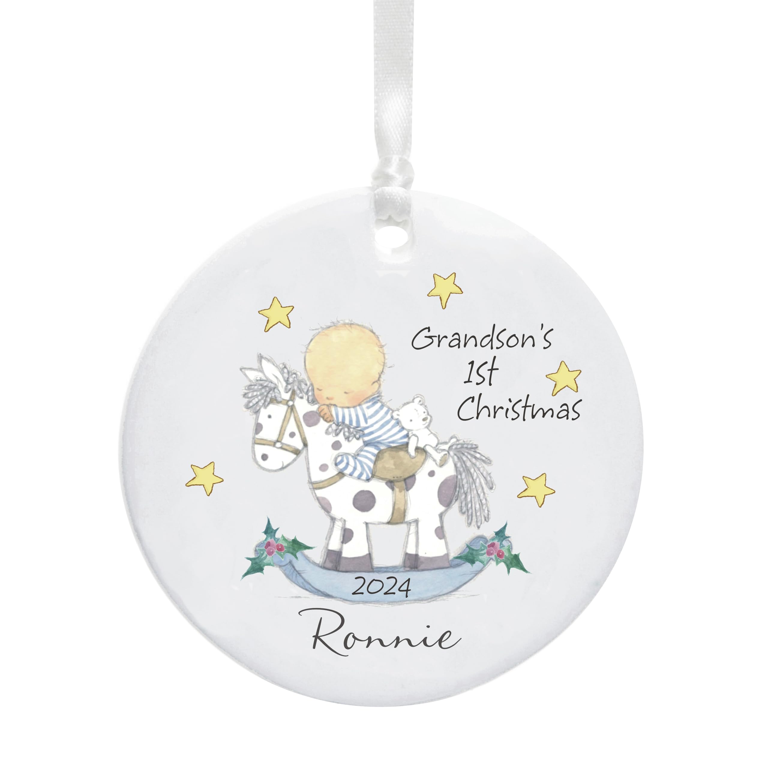 Grandson's First Christmas Rocking Horse Ceramic Tree Bauble Decoration - Cute Personalised Keepsake