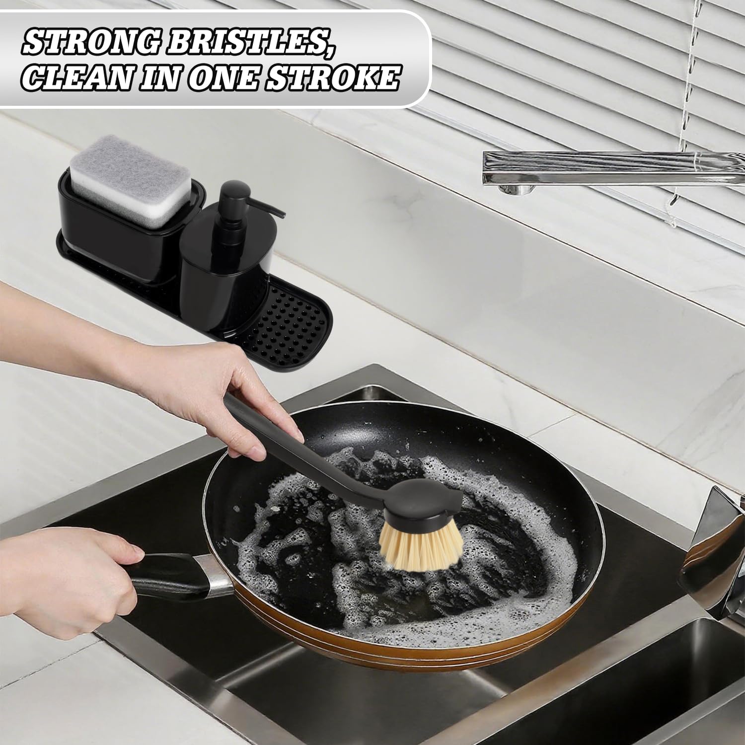 Dosificador Jabon Cocina, Juego de Organizador de Cocina Negro con Trapo, Cepillos y Esponja, Organizador de Fregadero Detergente Recargable, Caja de Almacenamiento de Fregadero de Jabón Líquido