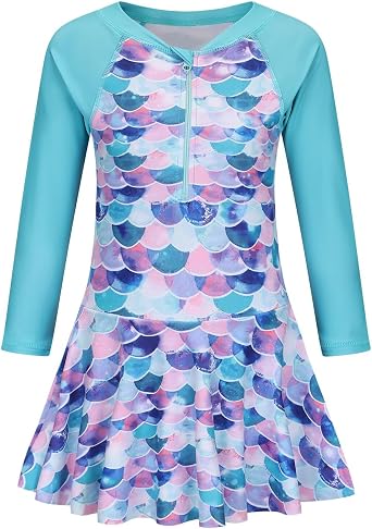 Girls One Piece Swimsuits Long Sleeve Swim Dress for Girls Hawaiian Skirted Bathing Suit Summer Swimwear 3-16 Years