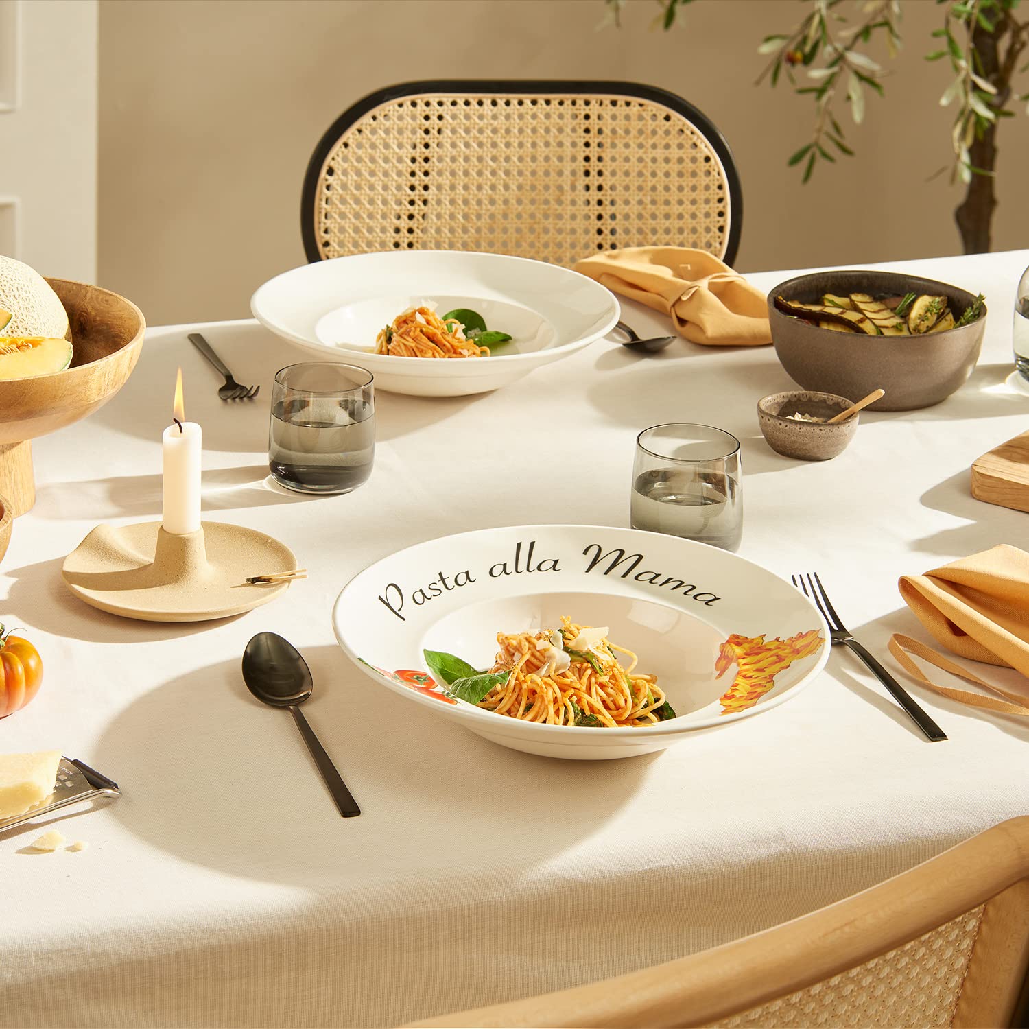 KHG 2er Set Pastateller, extra groß mit 30cm Durchmesser in Pasta alla Mama Print, perfekt für Gastro und Zuhause, hochwertiges Porzellan, Suppenteller, Salatteller, Spühlmaschinengeeignet