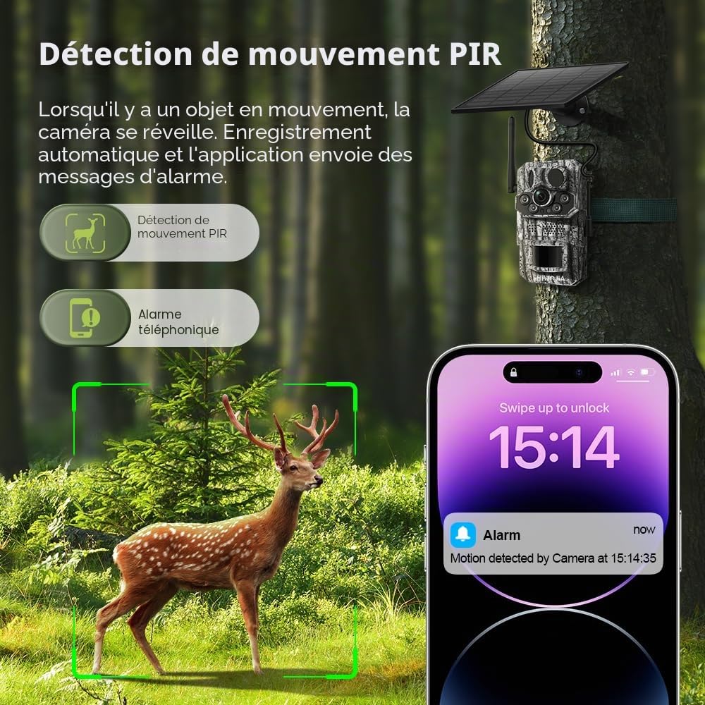 SHIWOJIA 4G LTE Camera de Chasse Solaire Camera Chasse Infrarouge Vision Nocturne Piege Photographique Connectée Telephone, Détecteur de Mouvement 3 PIR, 8000mAh Batterie, IP66