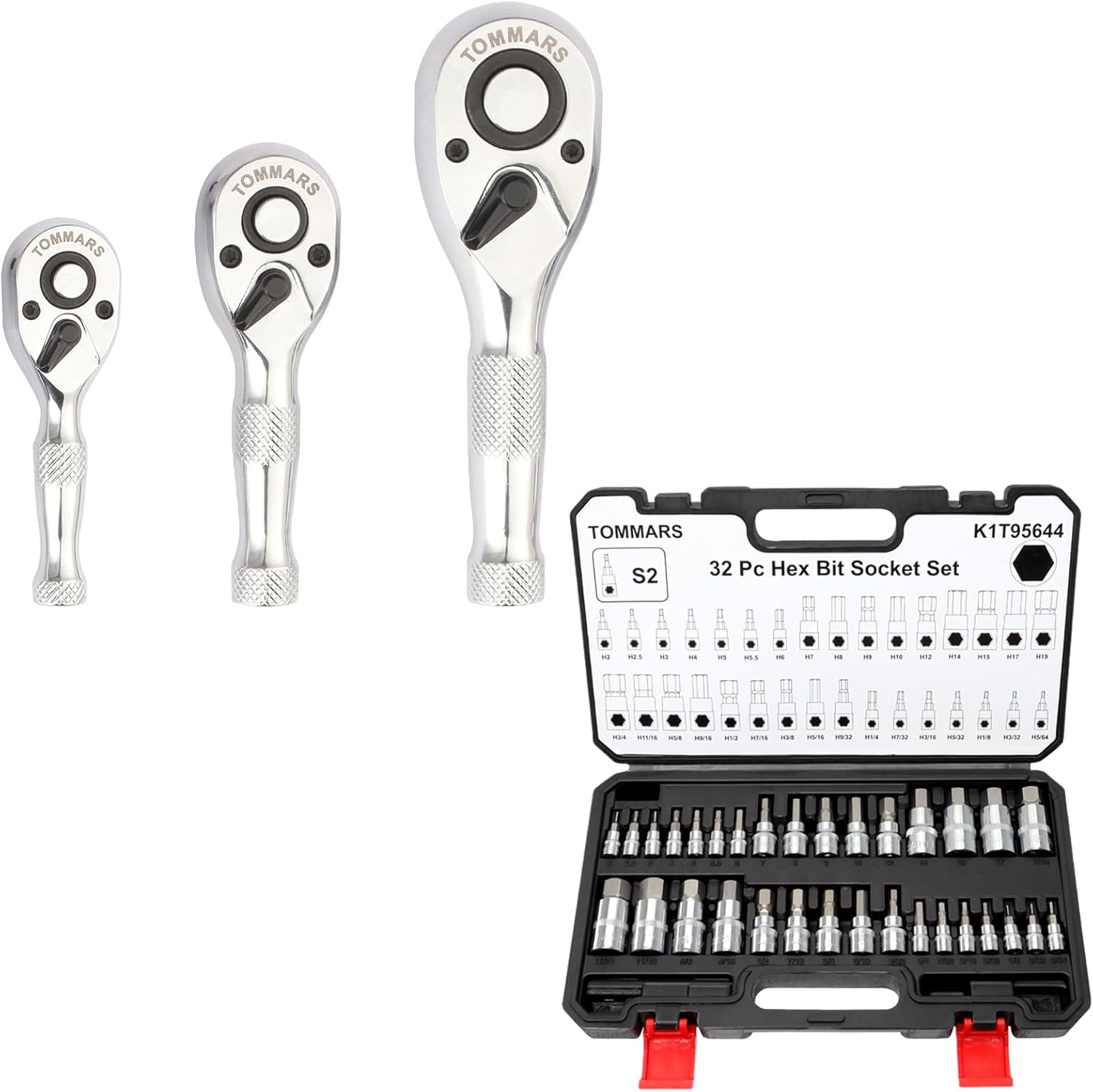 TOMMARS 32PC Master Hex Bit Socket Set with Stubby Ratchet Set, 1/4