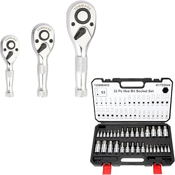 TOMMARS 32-PC Master Hex Bit Socket Set with Stubby Ratchet Set, 1/4", 3/8", 1/2" Drive