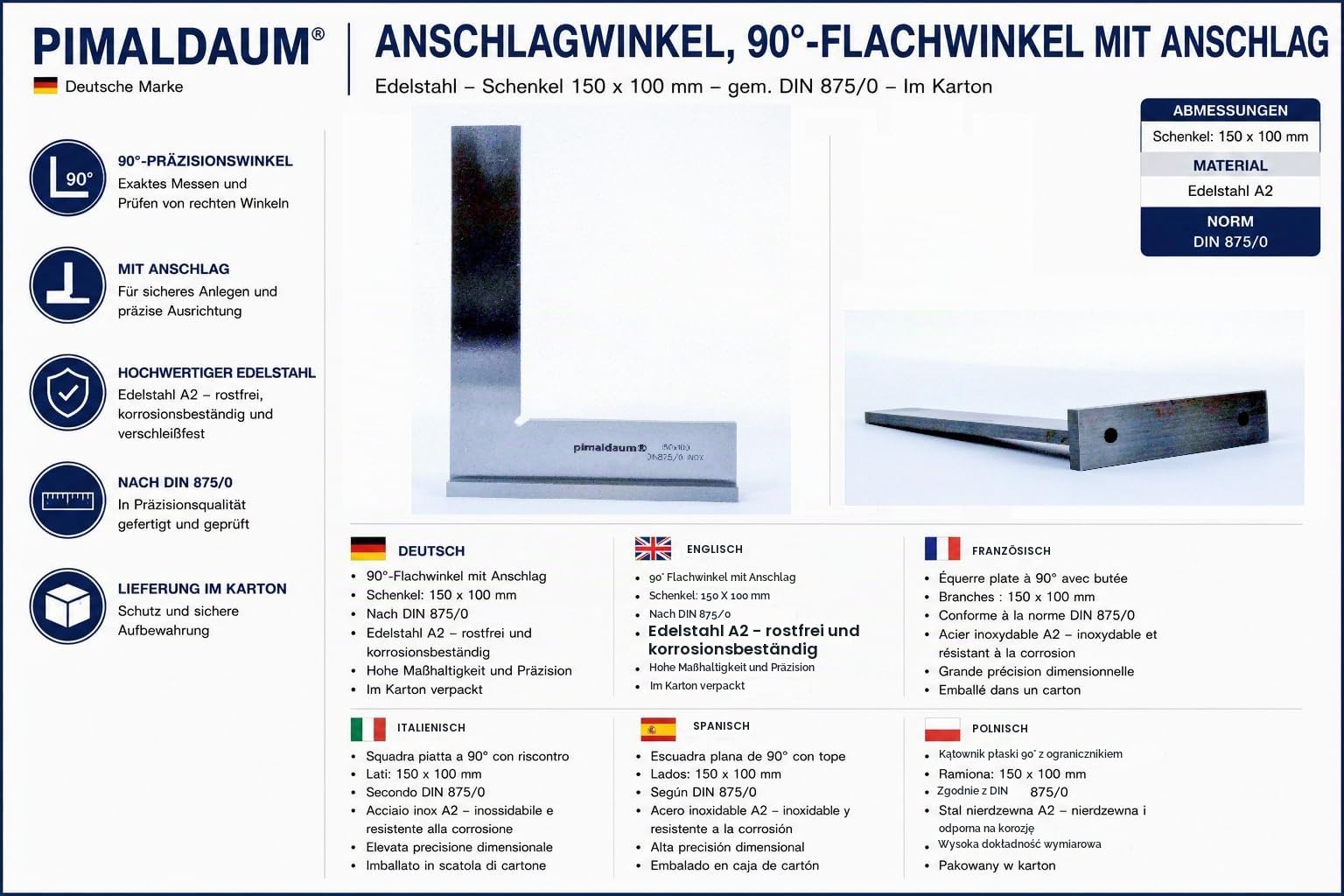 Anschlagwinkel, 90°-Flachwinkel, Edelstahl, 150x100 mm