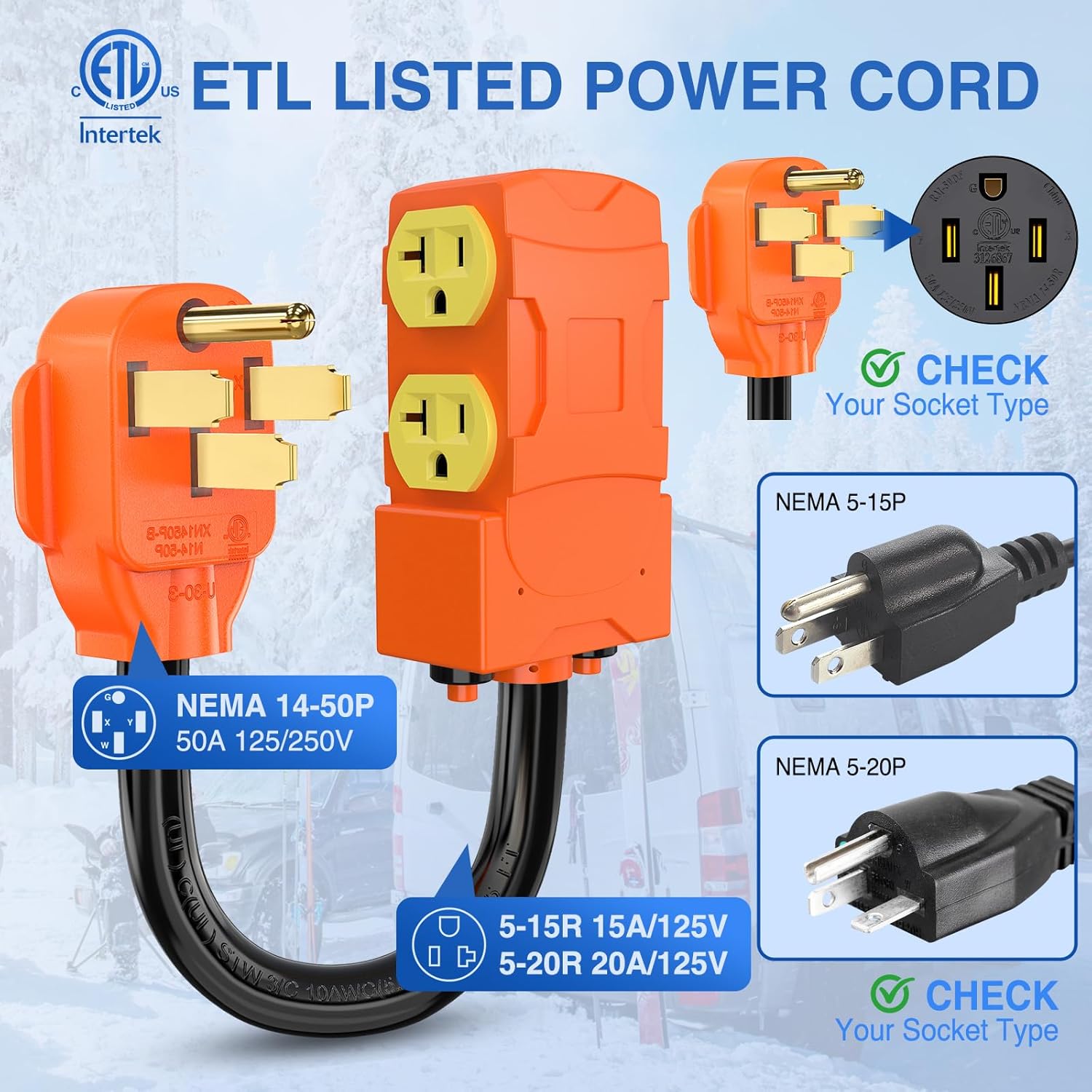 Nilight 50 Amp to 20 Amp 110V RV Power Adapter Cord with Circuit Breaker NEMA 14-50P Male to 4X 5-15R/5-20R Female RV Distribution Adapter Plug ETL Listed 4 Household Outlets for RVs Camper Generator