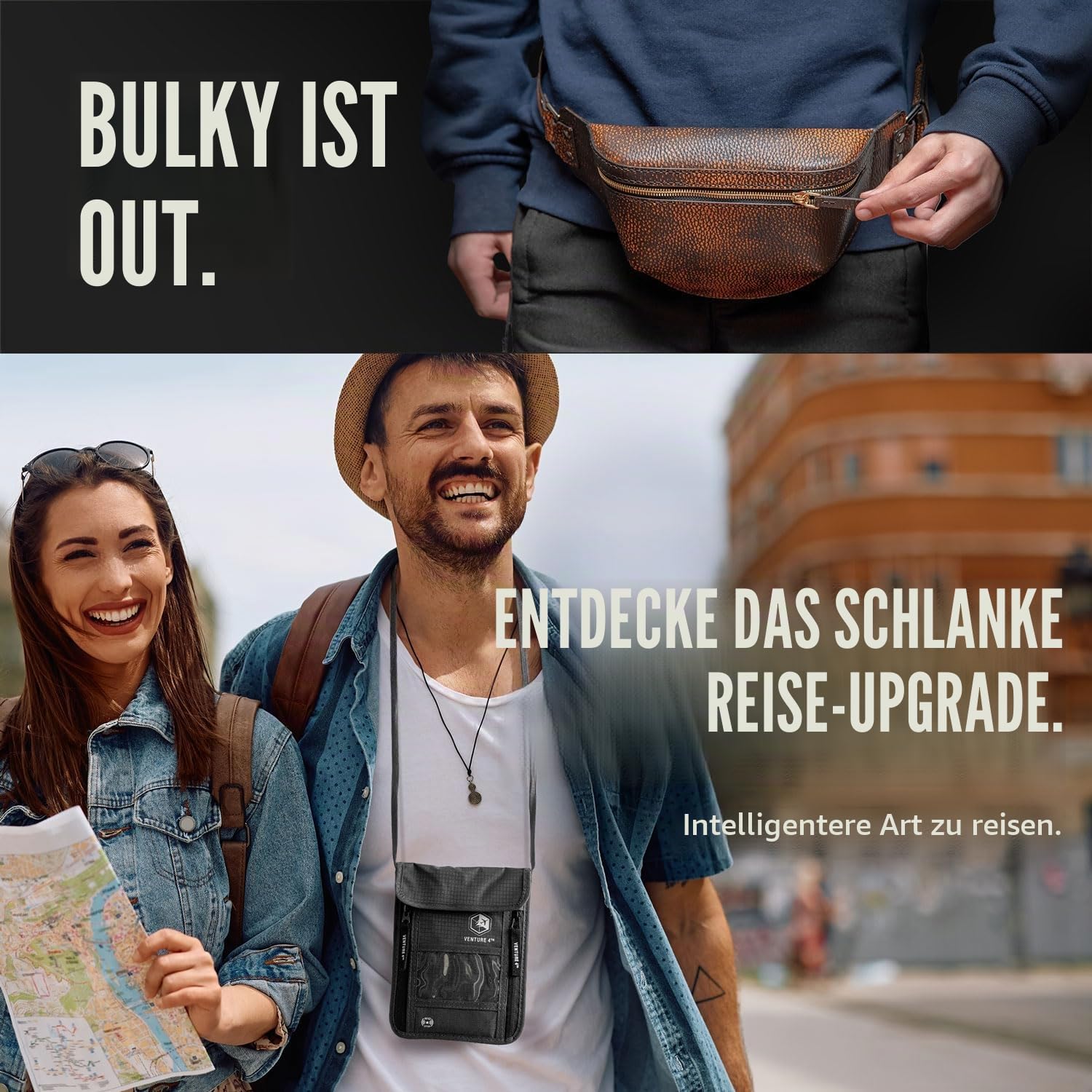 VENTURE 4TH Umhängeband, RFID-blockierend, Reisepasshülle für Reisen, versteckter Brustbeutel mit 6 Fächern, schlanker, Leichter Organizer mit verstellbarem Gurt, strapazierfähiges Nylon für Bargeld