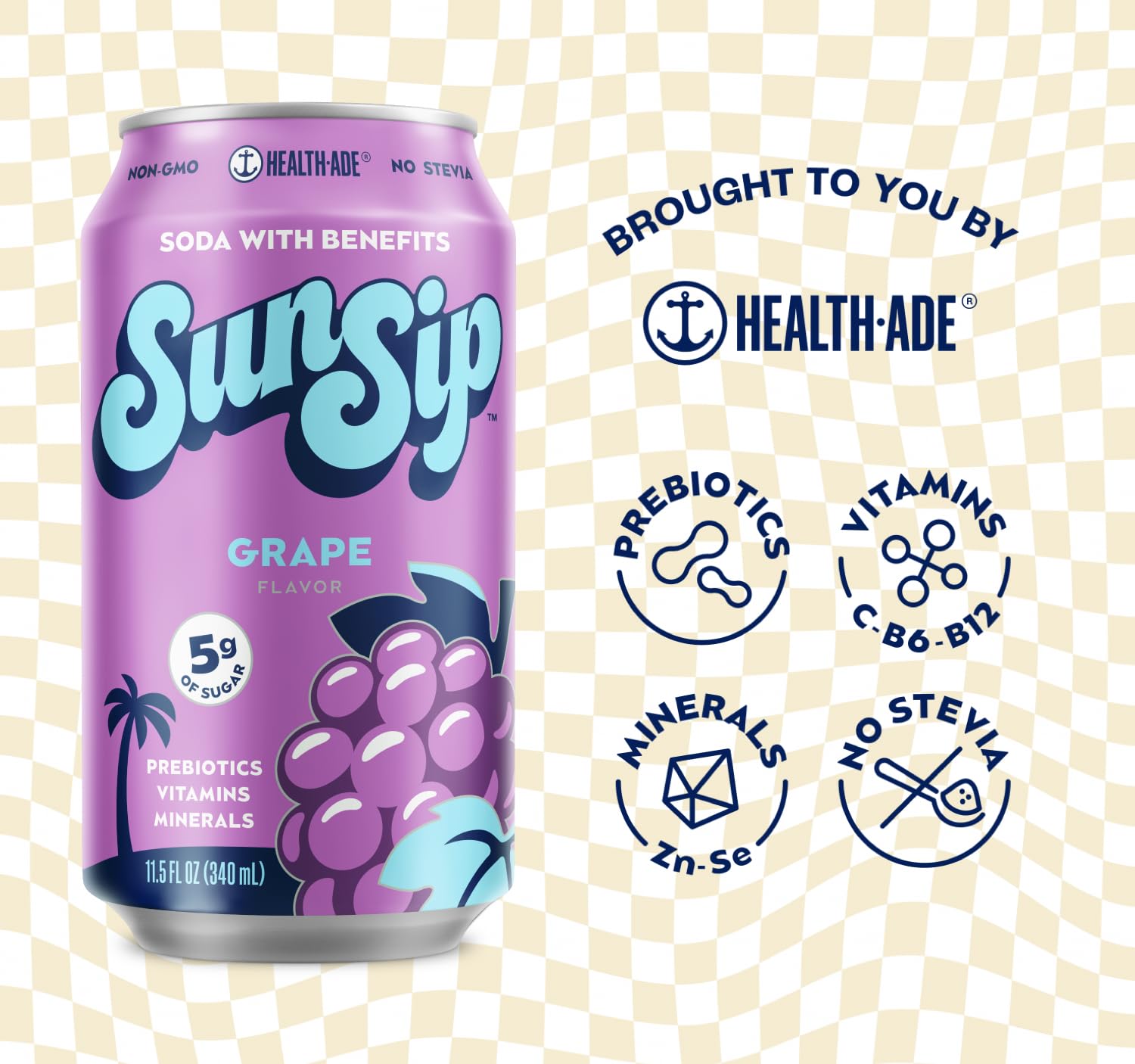 SunSip Prebiotic Soda by Health-Ade, Better-for-You Soda Swap, Beverage with Vitamins & Minerals, Naturally Sweetened with 6g of Sugar, Grape, 11.5 oz (12 Pack)