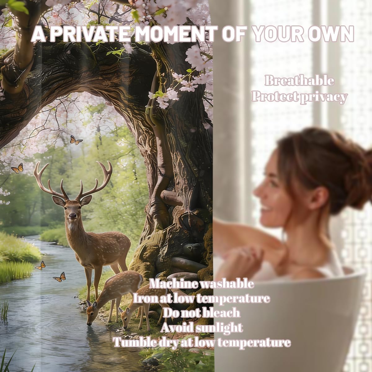 Deer Shower Curtain Cabin Rustic Forest Floral Shower Curtains for Hunting Bathroom Decor Sets, Waterproof Cloth Fabric with Hooks, 72x84 Inch