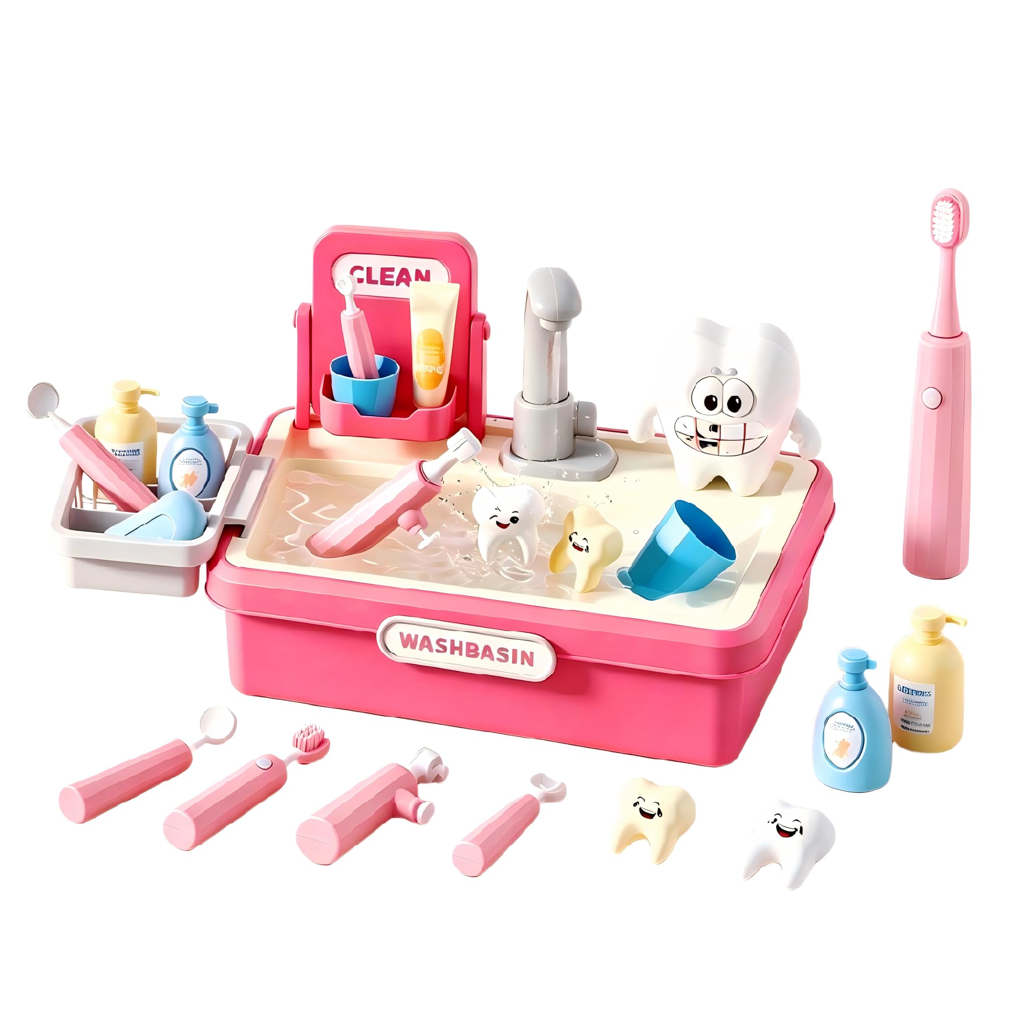 Lavabo per bambini con funzione acqua, denti giocattolo, spazzolino da denti, rosa | Set di 15 spazzolini da denti per bambini con idropulsore per ragazze