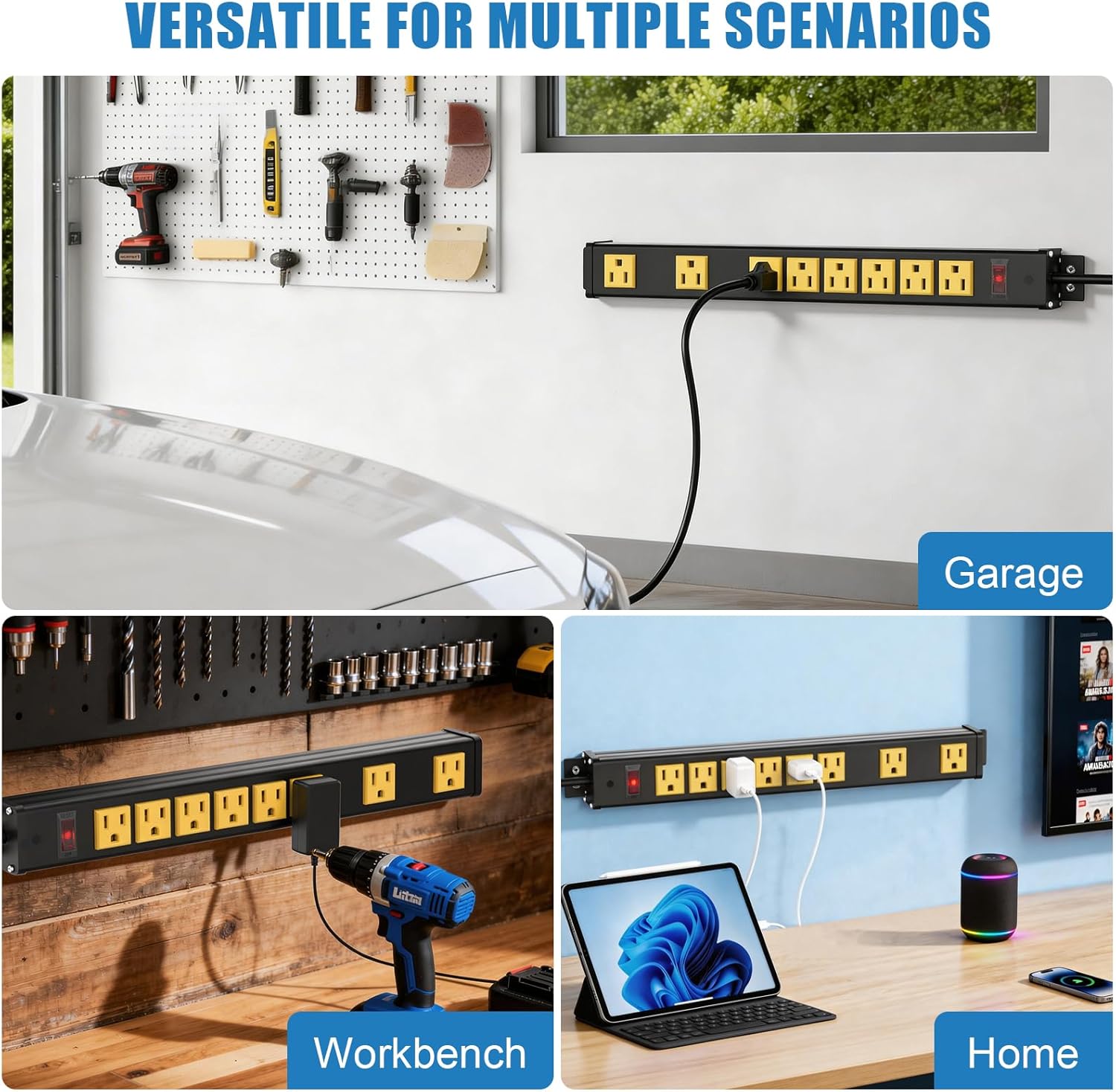 8 Outlet Heavy Duty Metal Power Strip, Wall Mount with 2.55 inch Wide Spacing, 6 FT Flat Plug Extension Cord with Switch, 1875W 15A 125V, ETL Listed for Garage Workshop Home Office