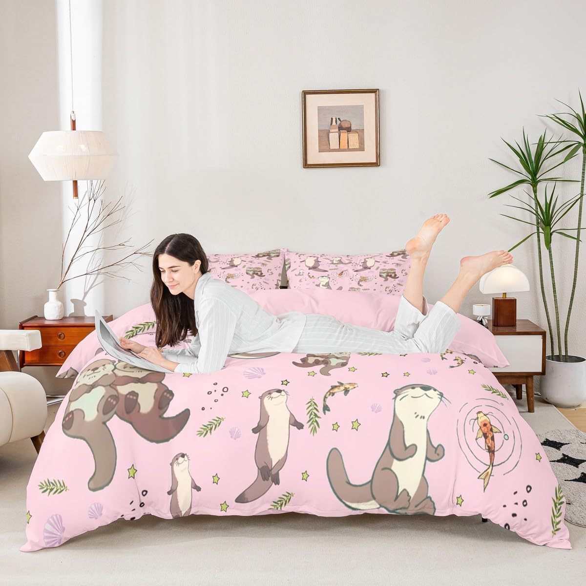 Erosebridal Sea Otters Duvet Cover Twin Size Koi Fish Bedding Set for Kids Boys Girls Lap Otter Kawaii Cute Cartoon Starry Leaves Comforter Cover Beige Pink Warm Soft Bedclothes
