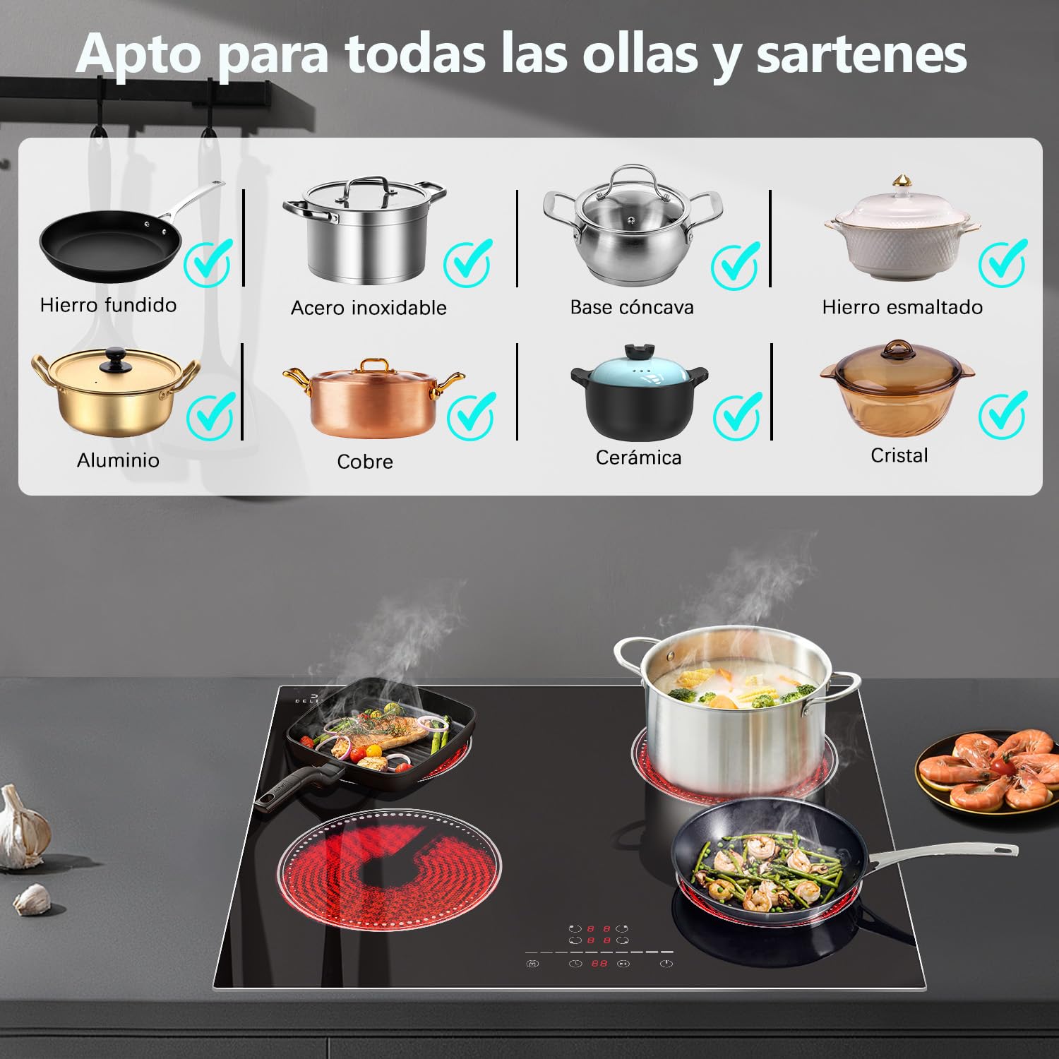 Placa Vitroceramica 4 Fuegos, Placas Vitrocerámica Empotrable | 60 cm, Control Táctil Deslizante, Bloqueo de Seguridad, Temporizador, Función Pausa, 220 V - 240 V, 6000 W, sin Enchufe