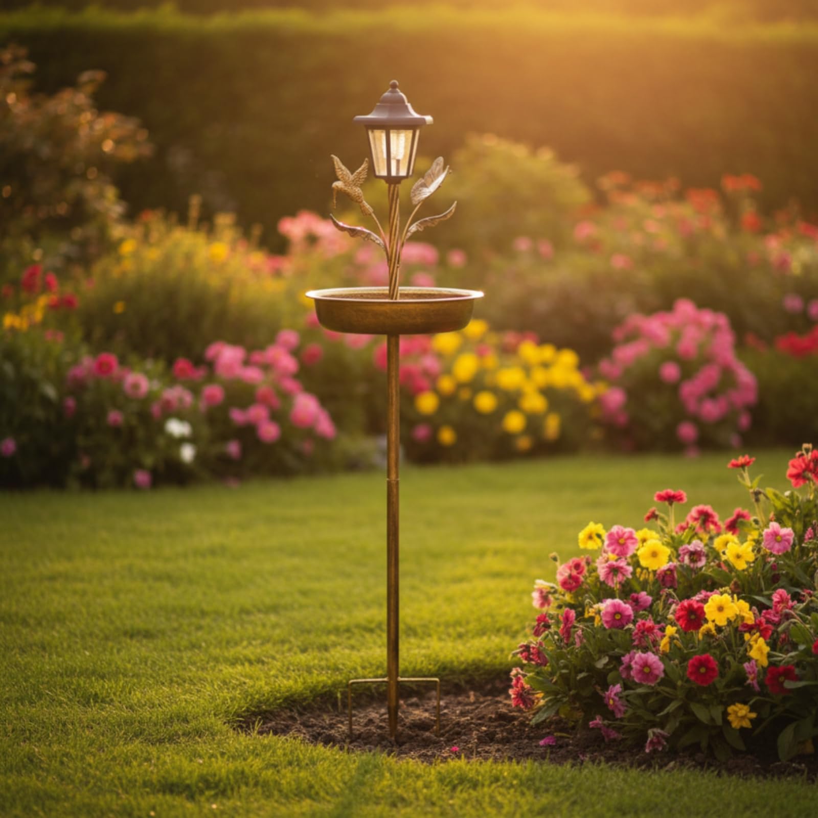 Bagno per Uccelli da Giardino Fontana Ciotola Mangiatoia Decorazione in Lanterna Foglie E Fiori su Picchetto Stabile Adatto per Aiuole Terrazze Cortili