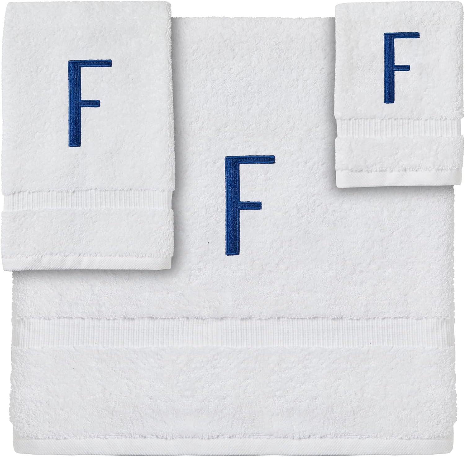 Juvale 3 Piece Letter F Monogrammed Bath Towels Set, White Cotton Bath Towel, Hand Towel, and Washcloth with Blue Embroidered Initial F for Wedding Gift, Bridal Shower