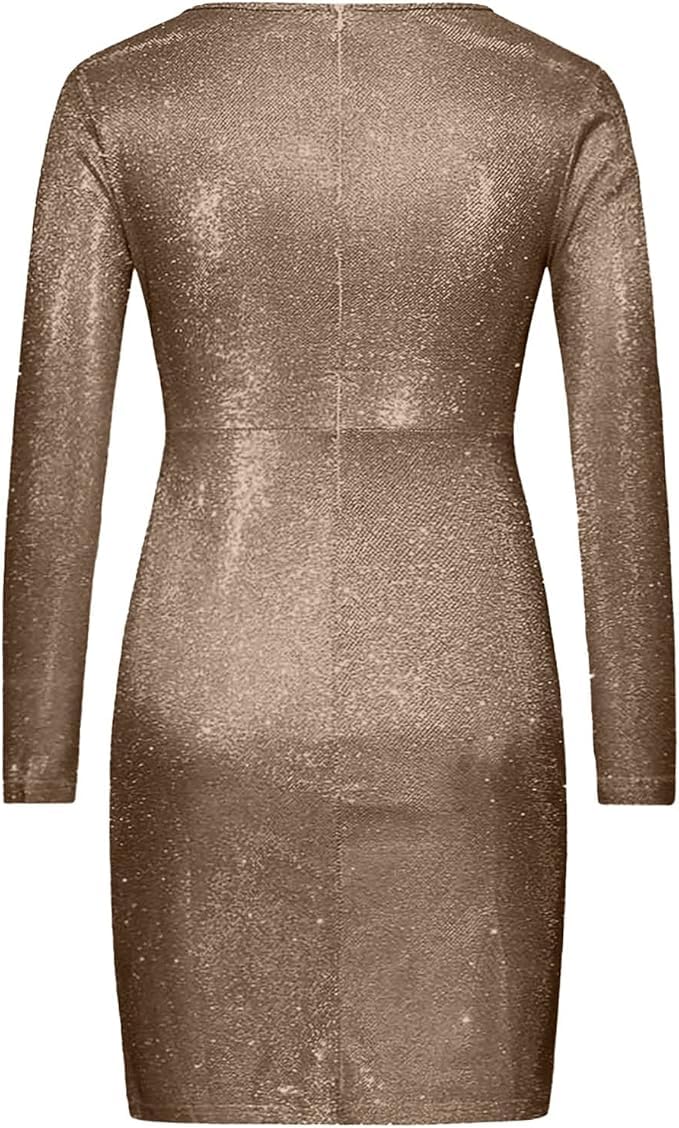 Robe à Paillettes Longueur Genou, Robe Courte à Paillettes à Manches Longues, col en V, Sexy, de fête, de Cocktail