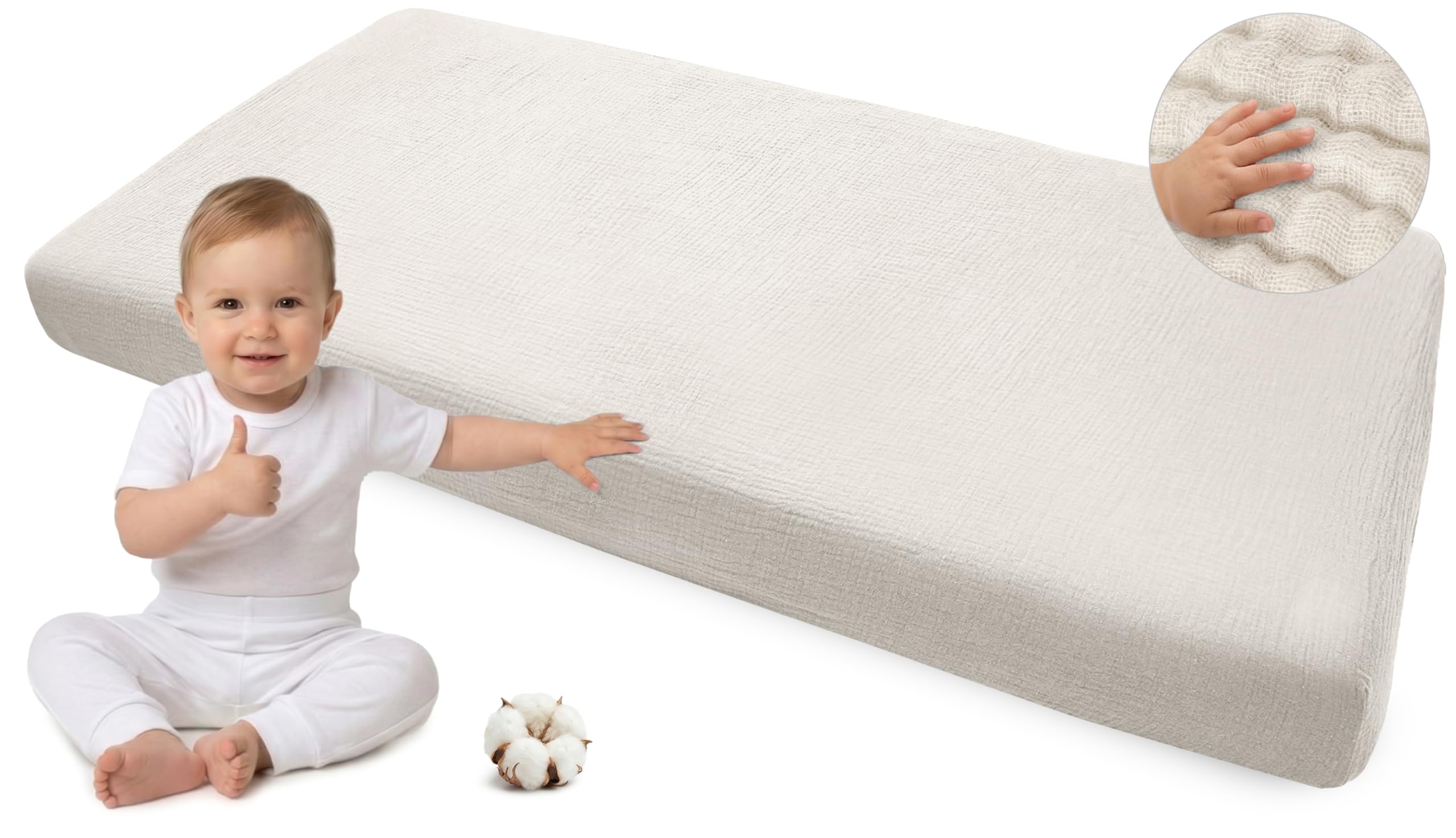 Medi Partners Fitted Sheet Muslin 60 x 120 cm Baby Bed Sheet Cot Fitted Sheet 100% Cotton Muslin Sheet Bed Linen Baby Mattress Sleeping Bag Baby Bed ⟮Beige⟯