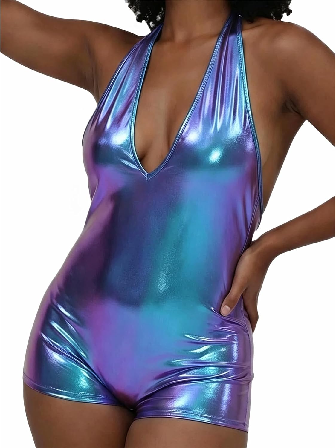 VENDAU Metallic Silver Bodysuit for Women Rave Outfit