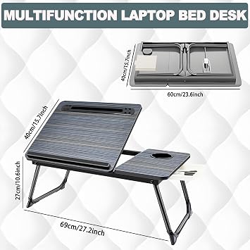 Laptop Desk, Laptop Bed Table with Foldable Legs, Cup Holder, Storage Drawer and USB Charging Port, Lap Desk Suitable for Work, Reading, Writing, Breakfast (Black)
