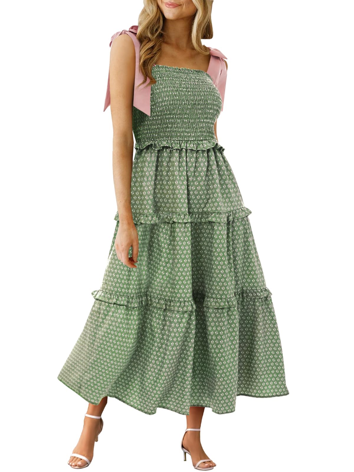 Wenrine Womens Summer Floral Maxi Dress Smocked Tie Shoulder Boho Sleeveless Ruffle Tiered Casual Beach Dresses
