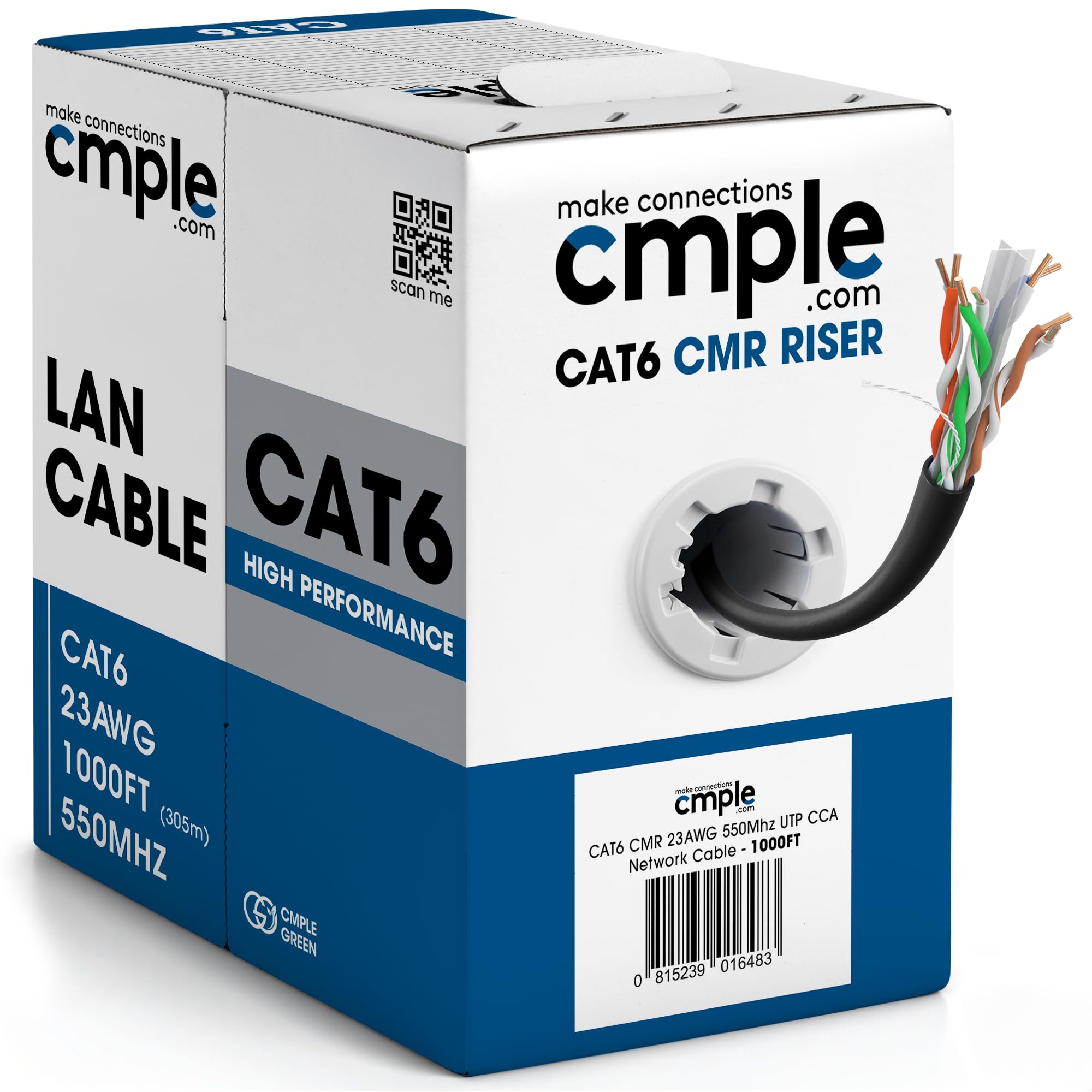 Cat6 Cable 1000ft Bulk Lan Ethernet Cat 6 Wire Network UTP 23AWG CMR Riser 10Gbps 550 MHz Pull Box 1000 Feet, Black