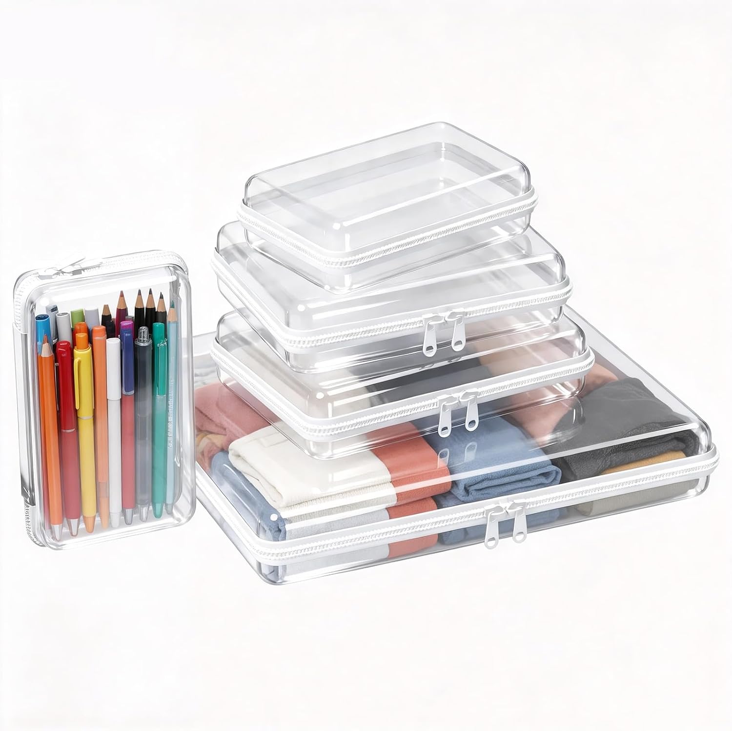 5 Pack Clear Hard Shell Zipper Case ，Clear Zipper Pouches Waterproof Makeup Organizer & Travel Toiletry Bag,Diaper Bag Organizer, Plastic Pouch for Office Home Storage(SSMMXL)