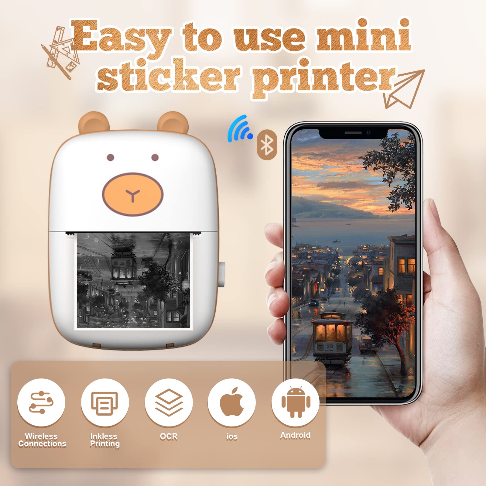 Mini drukarka kieszonkowa mini drukarka naklejek mini drukarka fotograficzna-Bluetooth bezatramentowa termiczna drukarka fotograficzna-kompatybilna z systemem Android iOS - idealny mini asystent