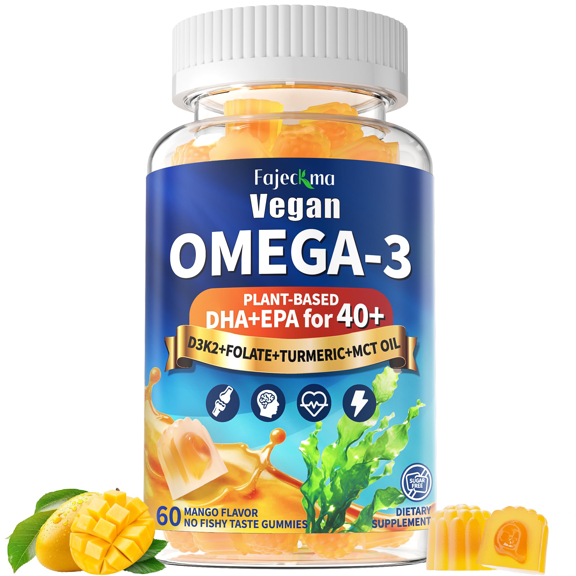 Fajeckma Suplemento de Ômega-3 vegano em gomas, EPA 600 mg e DHA 600 mg, 60 gomas