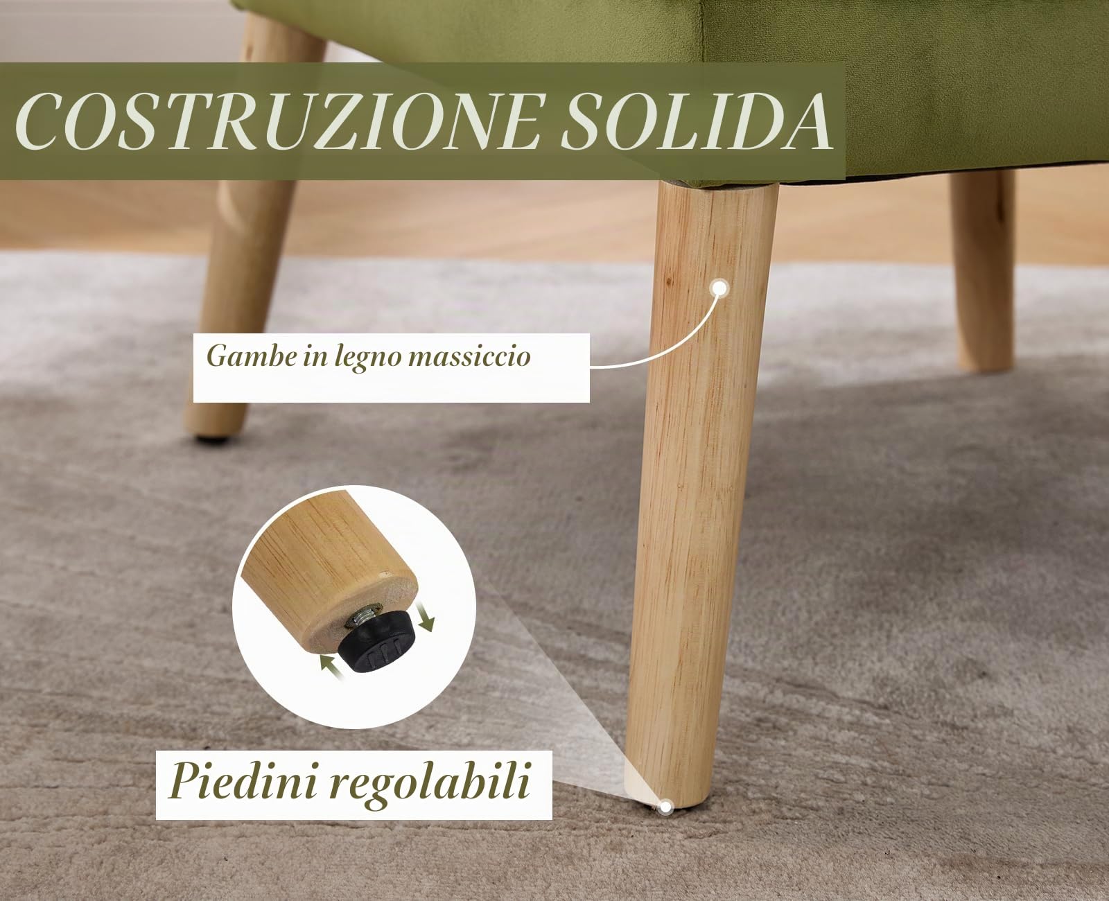 Sedia da lettura con gambe in legno in velluto, poltrona relax con doppio cuscino, per soggiorno, camera da letto, angolo lettura, verde