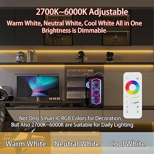 Miniatura 6 de Tira de luces LED RGB de 16.4 pies con control remoto, Smart RGBIC+tiras LED de color blanco cálido y frío que cambian de color para dormitorio,
