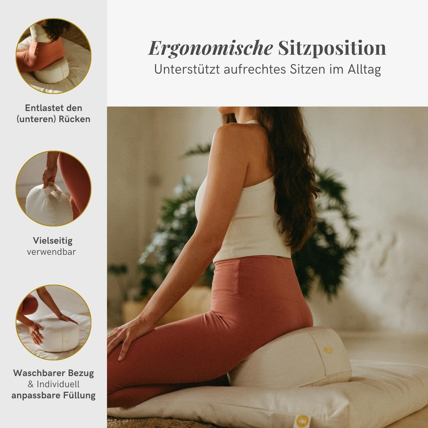 LOTUSCRAFTS® Meditationskissen mit 15cm Sitzhöhe, bestickt, Yoga Kissen mit Dinkelfüllung, Yogakissen Rund, Bodenkissen Rund, Yogakissen Meditationskissen, Bezug waschbar, GOTS zertifiziert