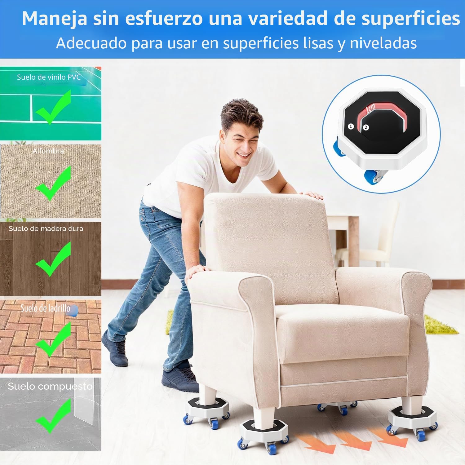 Set de 6 Ruedas para Muebles con 4 Ruedas para Muebles Pesados 1 Dispositivo de Elevación 1 Barra Extensible 360°Giratorias Alta Capacidad de Carga Antideslizante para Furniture Mover
