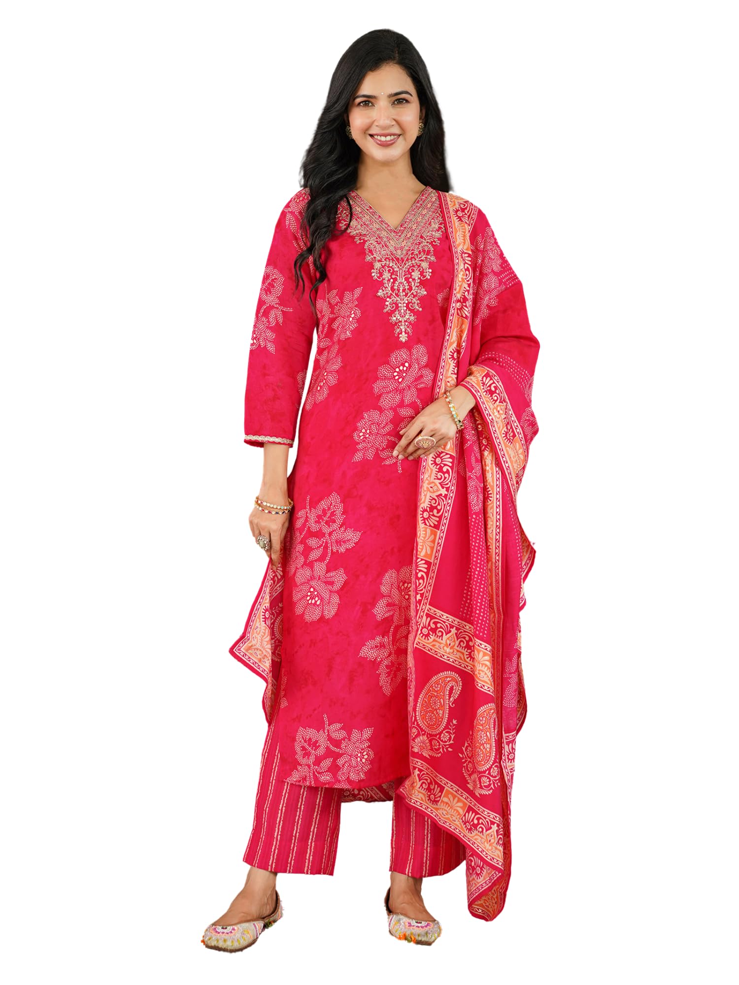 Vaamsi Women's Red Poly Chanderi Embroidered Straight Floral Kurta Trousers With Dupatta Set | Daily Straight Kurta Set For Women | Floral Salwar Suit For Women, Red, 4XL