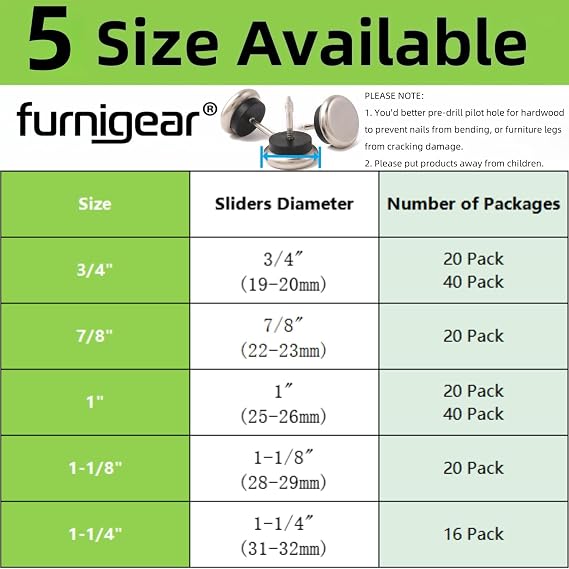 Dia Nail On Furniture Glides for Chairs, Tables - Furnigear Nickel Base Cushioned Furniture Nails - Allowing Chairs to Glide Effortlessly Over Carpet Floors (1-1/4, 16 Pack-Silver Gray)