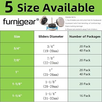 Dia Nail On Furniture Glides for Chairs, Tables - Furnigear Nickel Base Cushioned Furniture Nails - Allowing Chairs to Glide Effortlessly Over Carpet Floors (1-1/4, 16 Pack-Silver Gray)
