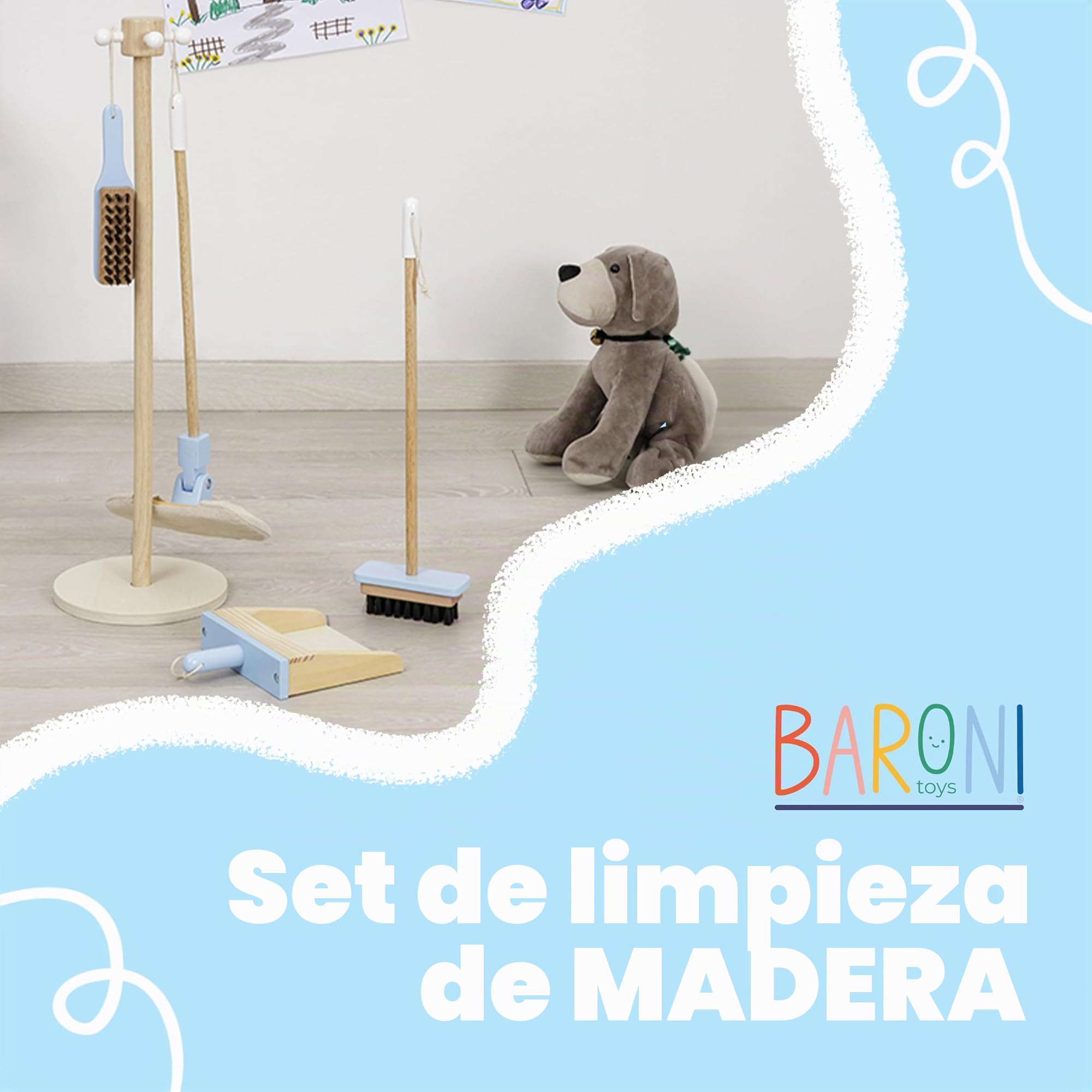 Baroni Toys Juego de Limpieza de Madera, Juego Montessori, 4 Piezas con Soporte, para Niños de 3 a 6 Años, Incluye Escoba, Recogedor, Fregona y Cepillo, Fácil de Montar y Ligero, 17x18x59 cm