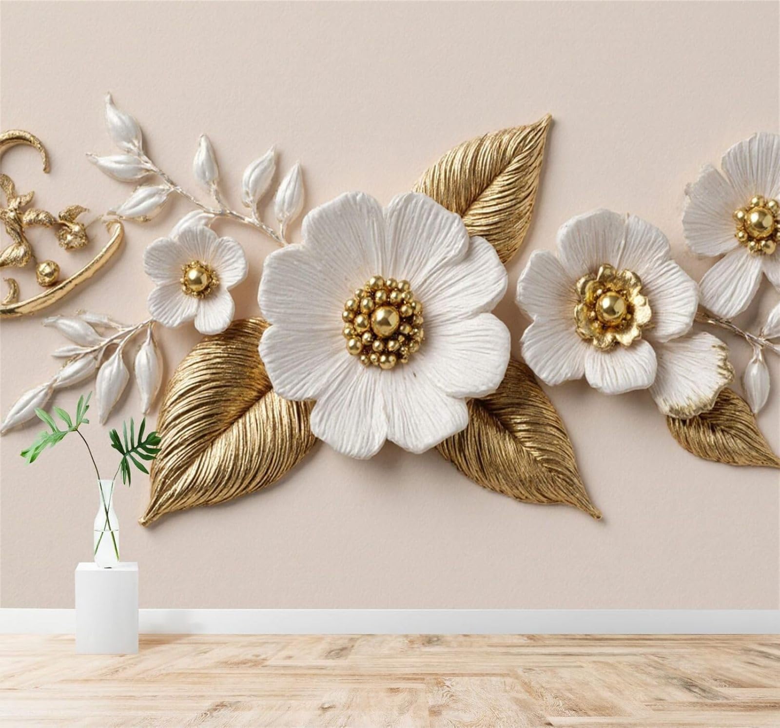 Tzxztt Contemporary Luxury White Gold Flowers Elegant Gold Leaves Modern 3D Wallpaper Premium Textured Silk Neutral Tones Material Ideal for Living Room Bedroom-350cm×256cm